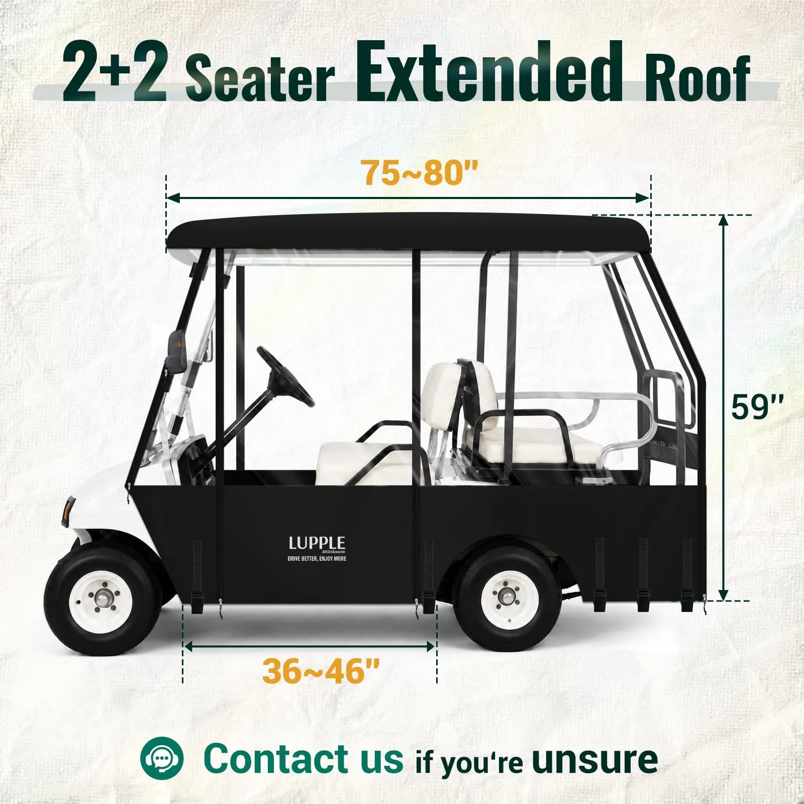 LUPPLE 80" Long-Roof Golf Cart Enclosure for Club Car DS/Tempo/Onward - YQ4+12B image 3