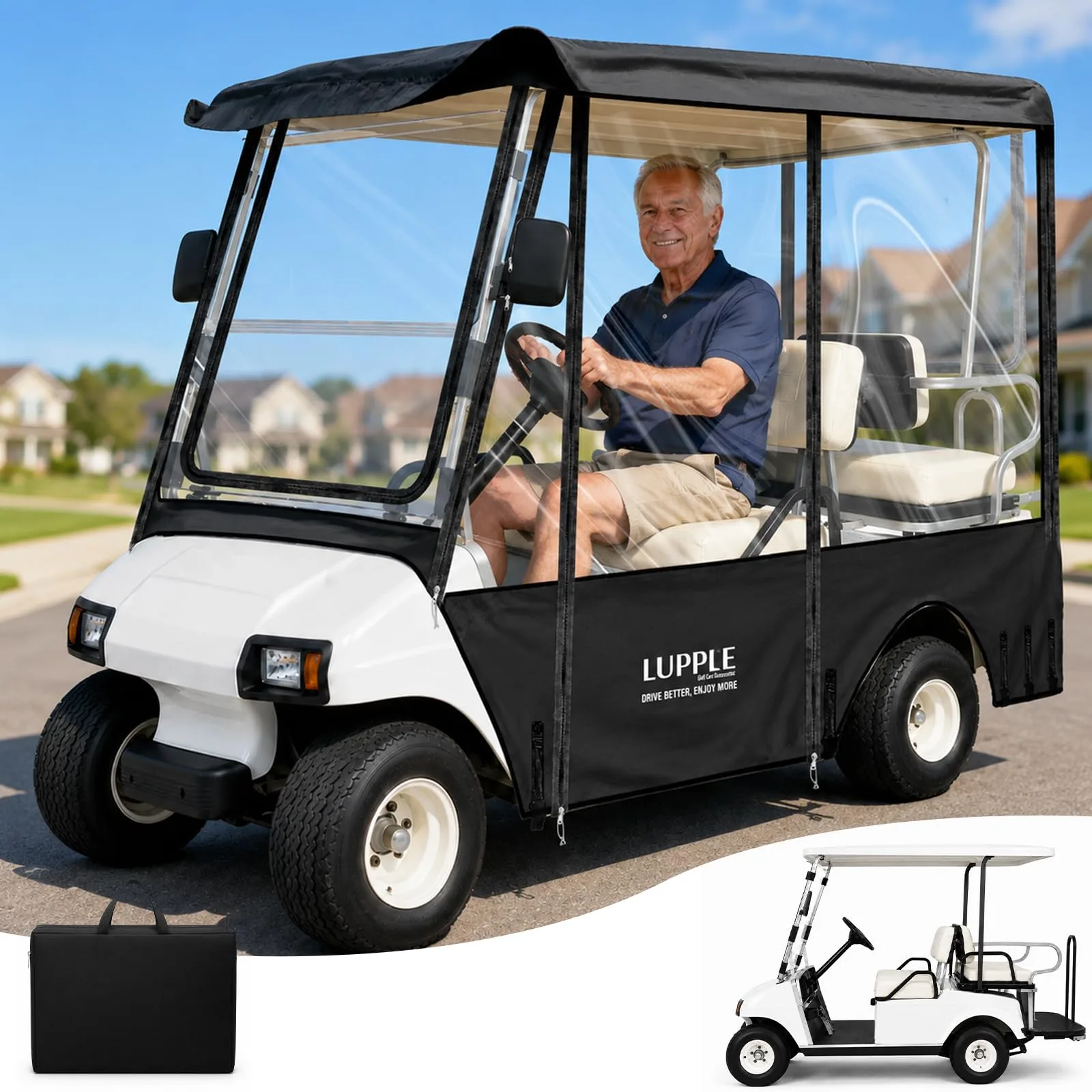 LUPPLE 80" Long-Roof Golf Cart Enclosure for Club Car DS/Tempo/Onward - YQ4+12B