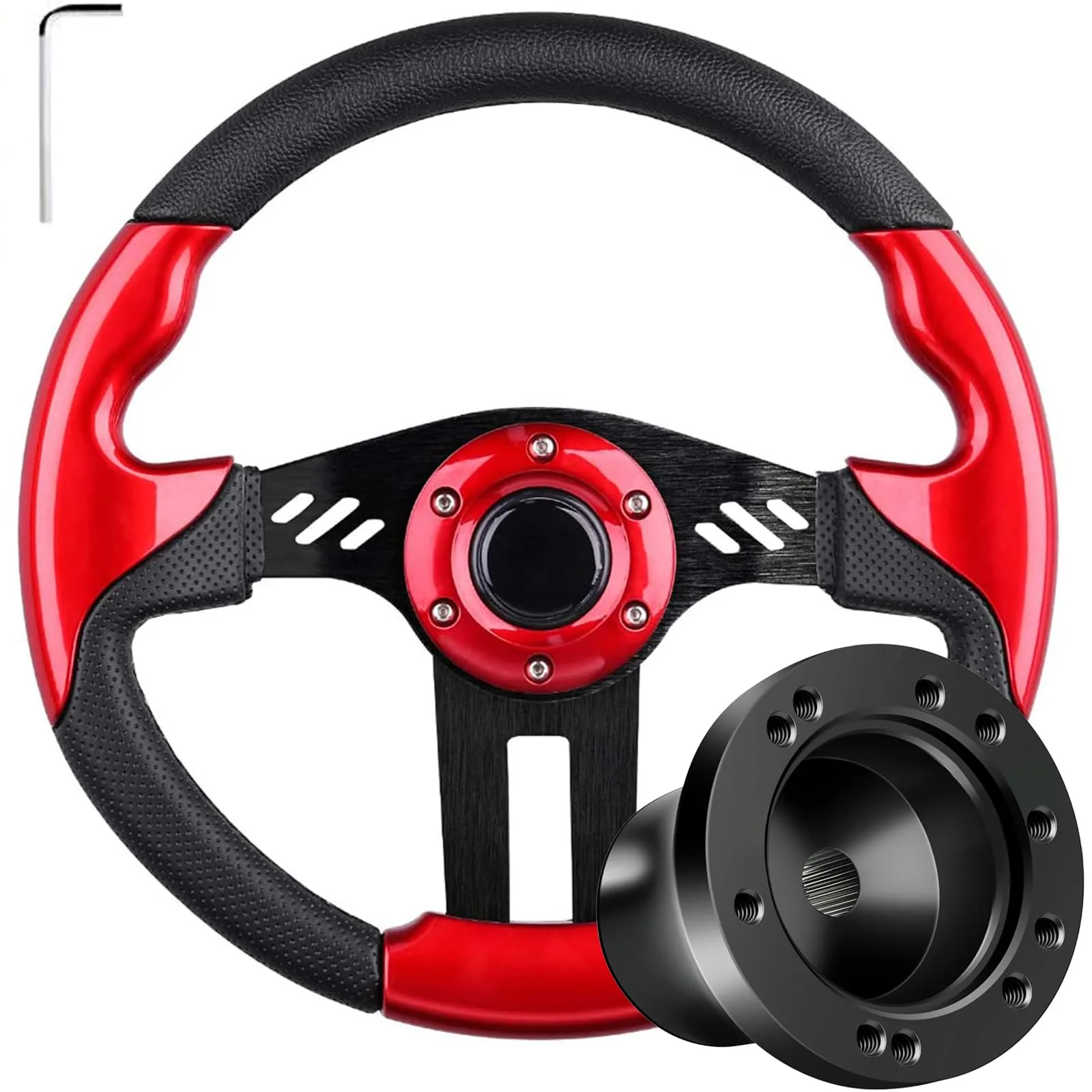 LEAPGOMAX Yamaha Golf Cart Steering Wheel and Adapter — Red PVC Leather