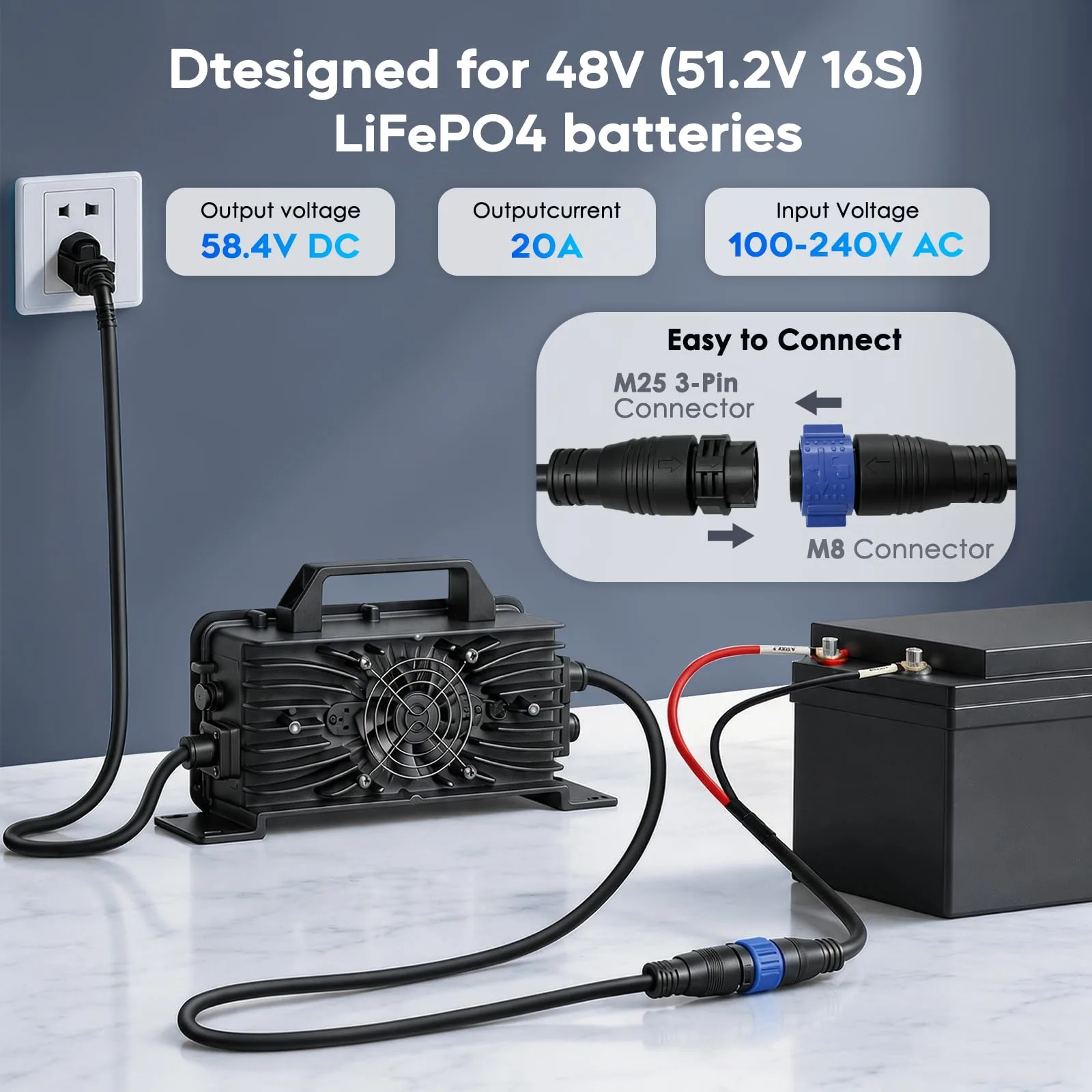 EPOWREY 58.4V 20A LiFePO4 Battery Charger image 2