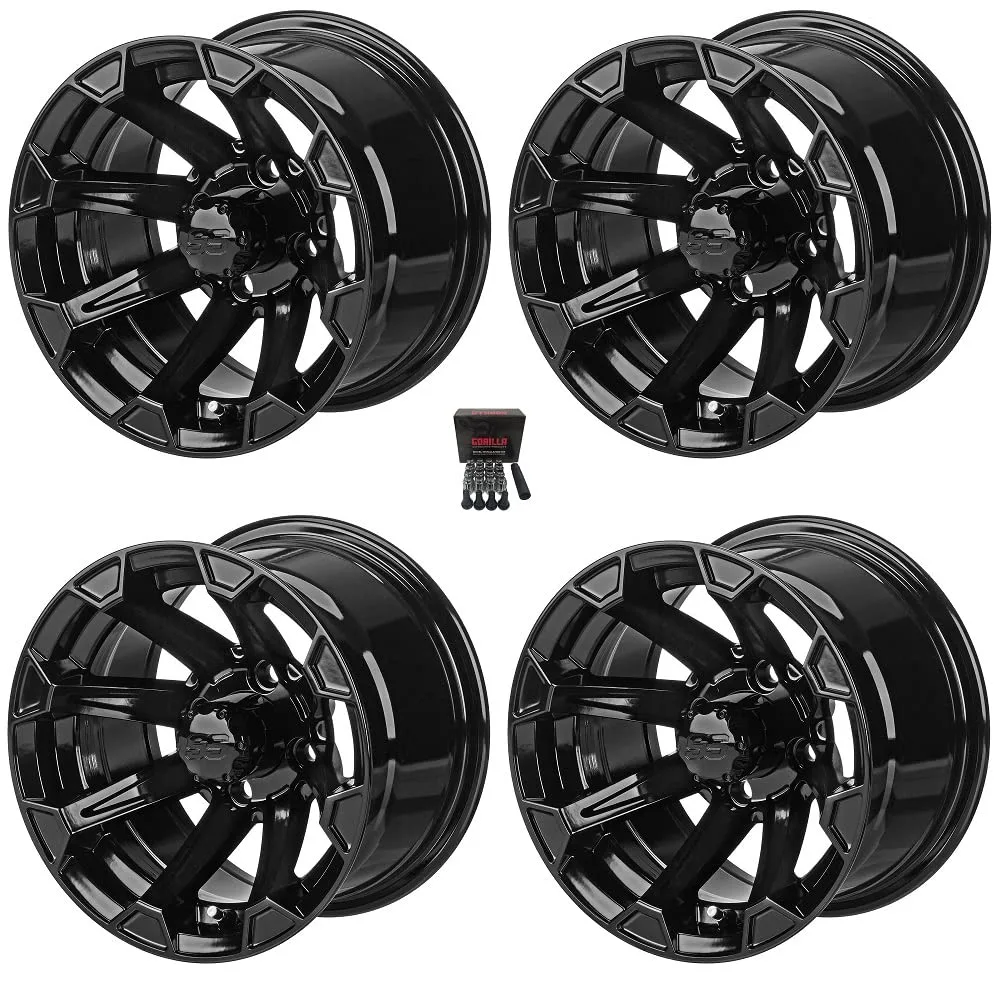 LSI Viking 12x7 Gloss Black Golf Cart Wheel Set