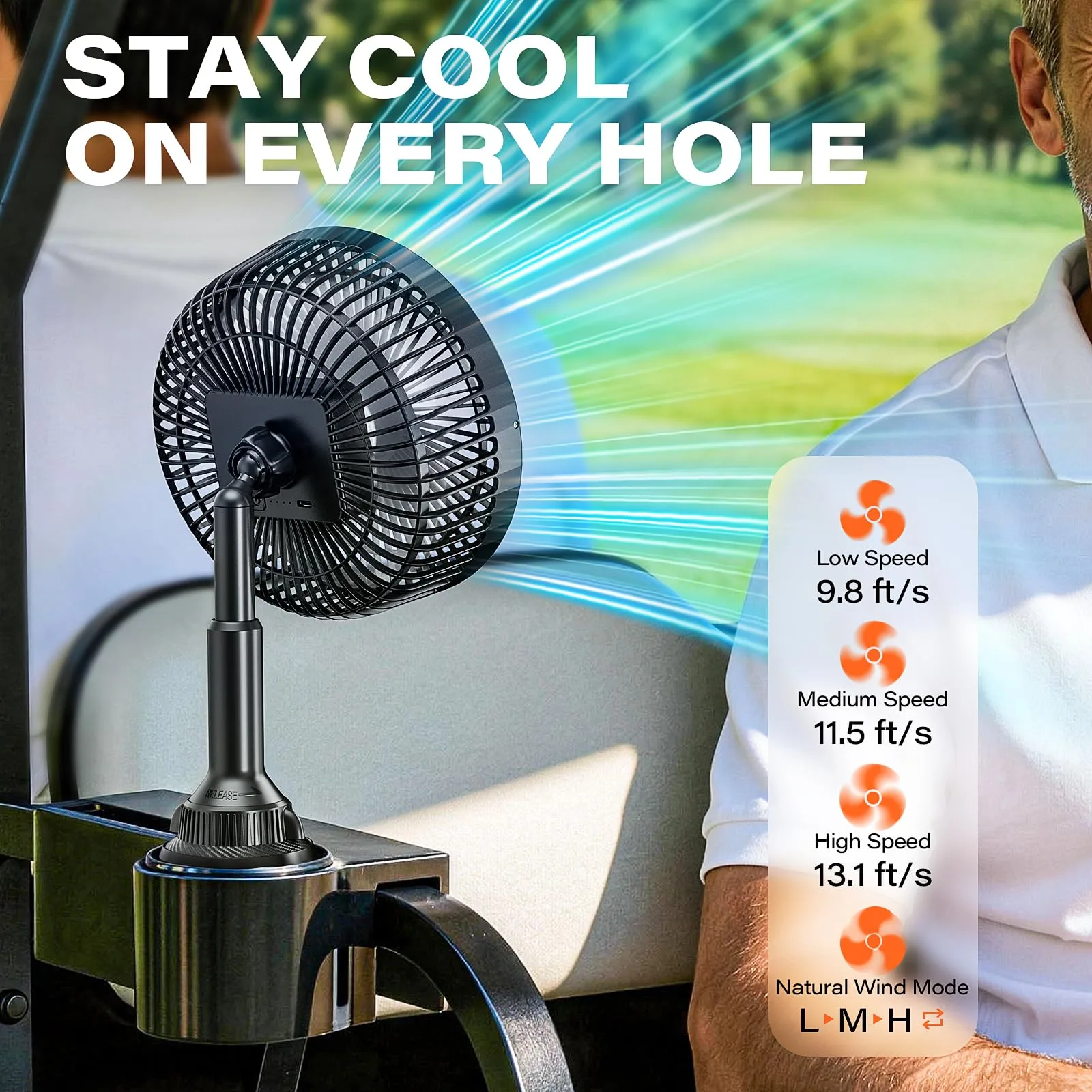 A2C 7.5-Inch Golf Cart Fan with Cup Holder Mount image 2