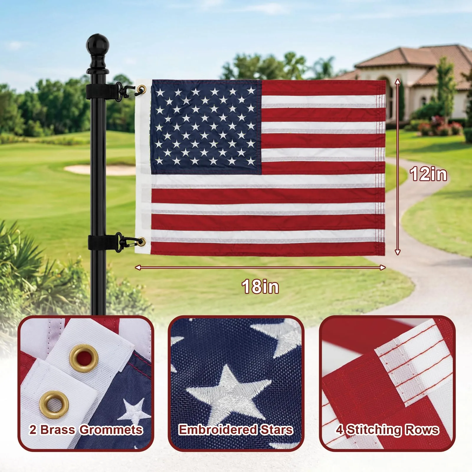 Bradford 12×18" Embroidered American Golf Cart Flag with Strap Brackets image 3