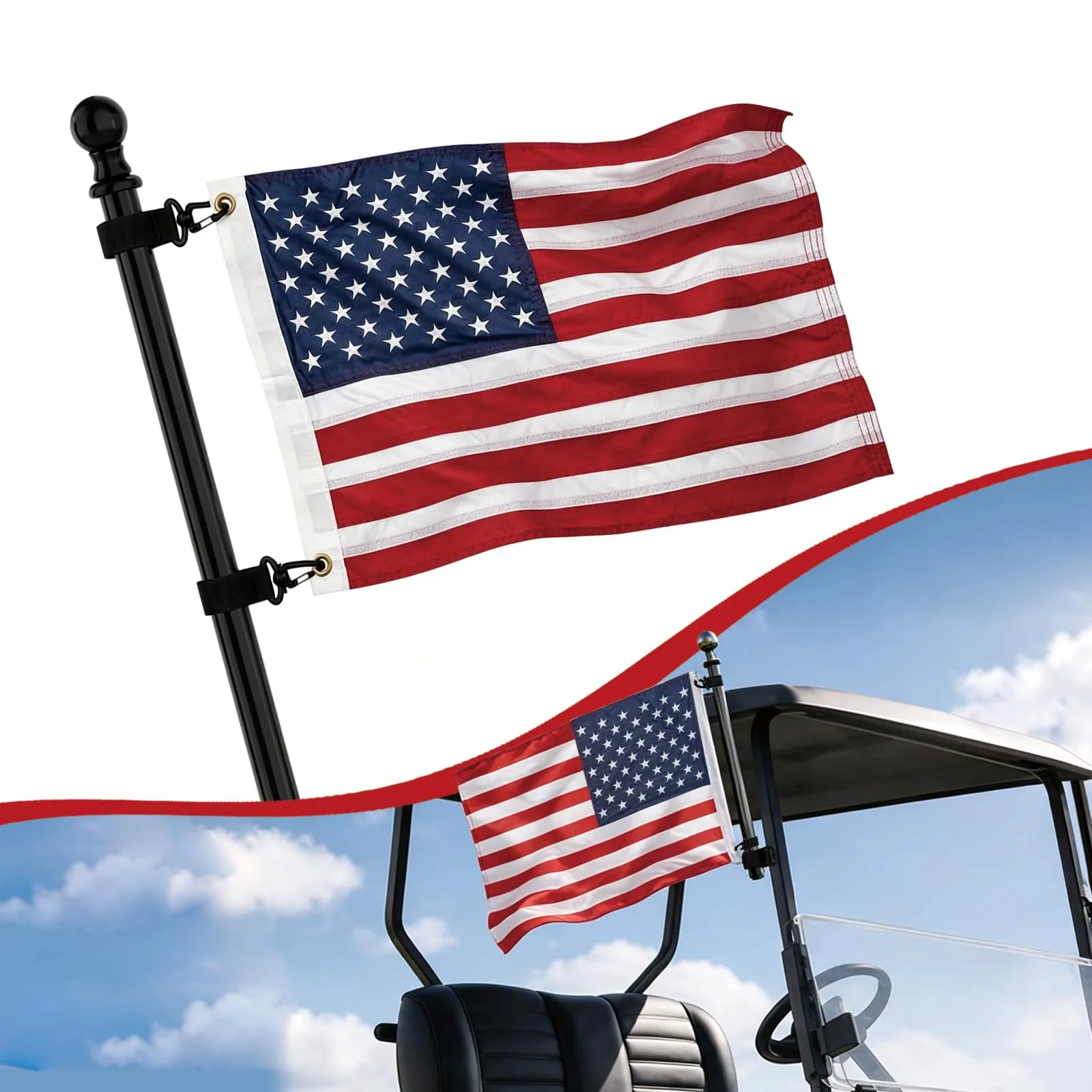 Bradford 12×18" Embroidered American Golf Cart Flag with Strap Brackets