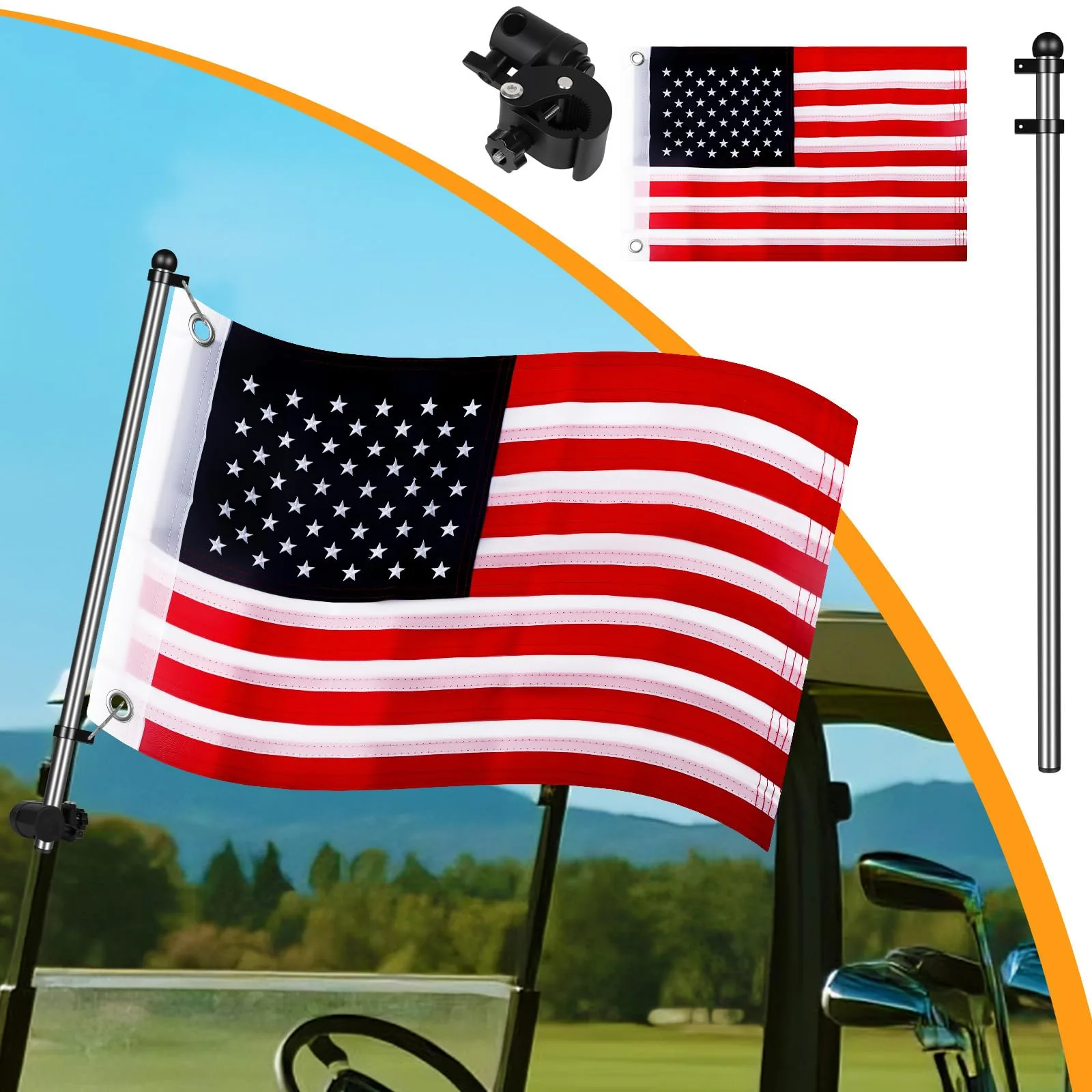 RIZINKART Universal Golf Cart Flag Pole Kit - Red/White