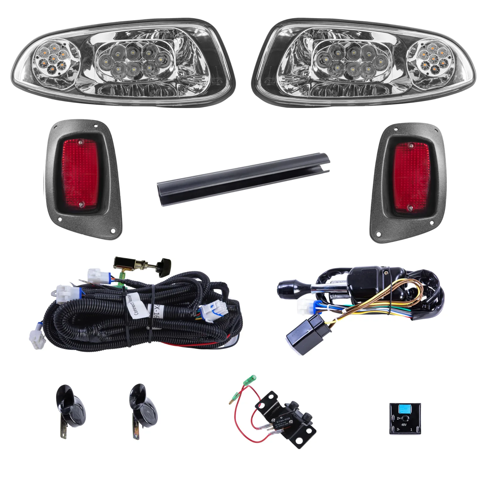 EZGO RXV 2016+ LED Deluxe Light Kit 12-48V, LED Headlight, Taillight, Main Upgraded Wiring Harness, Standard Turn Signal Switch, Horn, Steering Wheel Column Cover, Mechanical Brake Switch