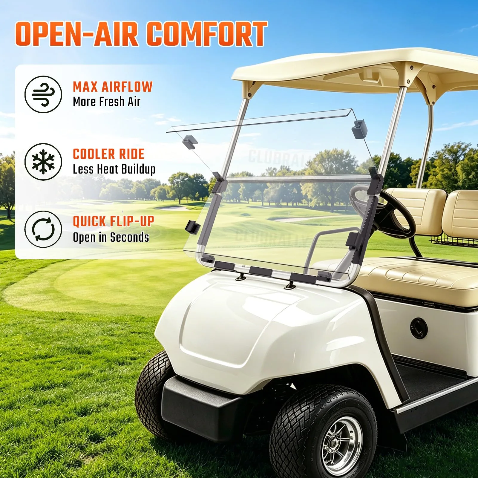 CLUBRALLY Foldable Golf Cart Windshield for 1995-2002 Yamaha G14 G16 G19 Models,Impact-Resistant PC Front Windshield, Split Flip-Down Golf Cart Windshield with Complete Installation Clips-Clear image 3