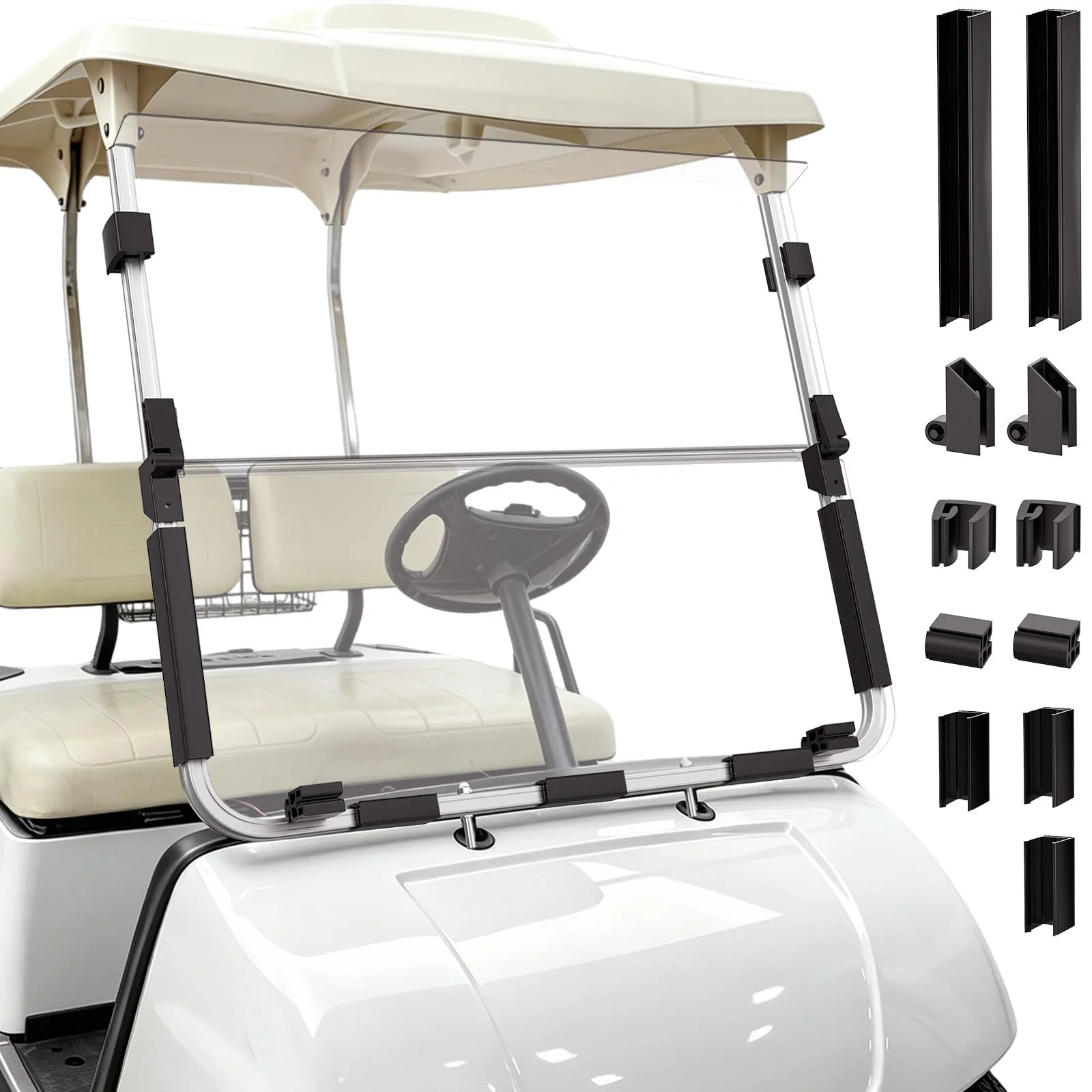 CLUBRALLY Foldable Golf Cart Windshield for 1995-2002 Yamaha G14 G16 G19 Models,Impact-Resistant PC Front Windshield, Split Flip-Down Golf Cart Windshield with Complete Installation Clips-Clear
