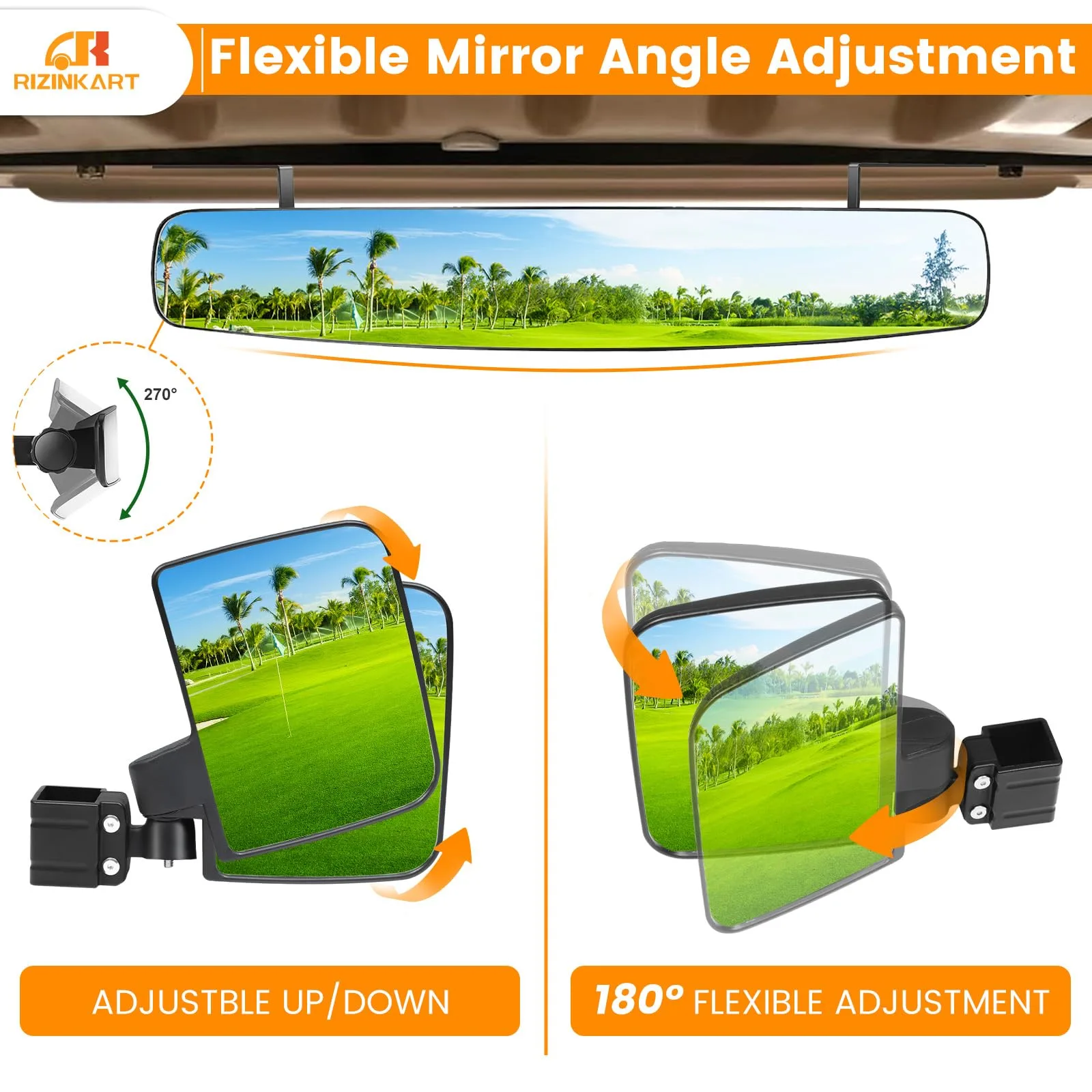 RIZINKART Golf Cart Mirror Kit with Folding Side Mirrors image 2