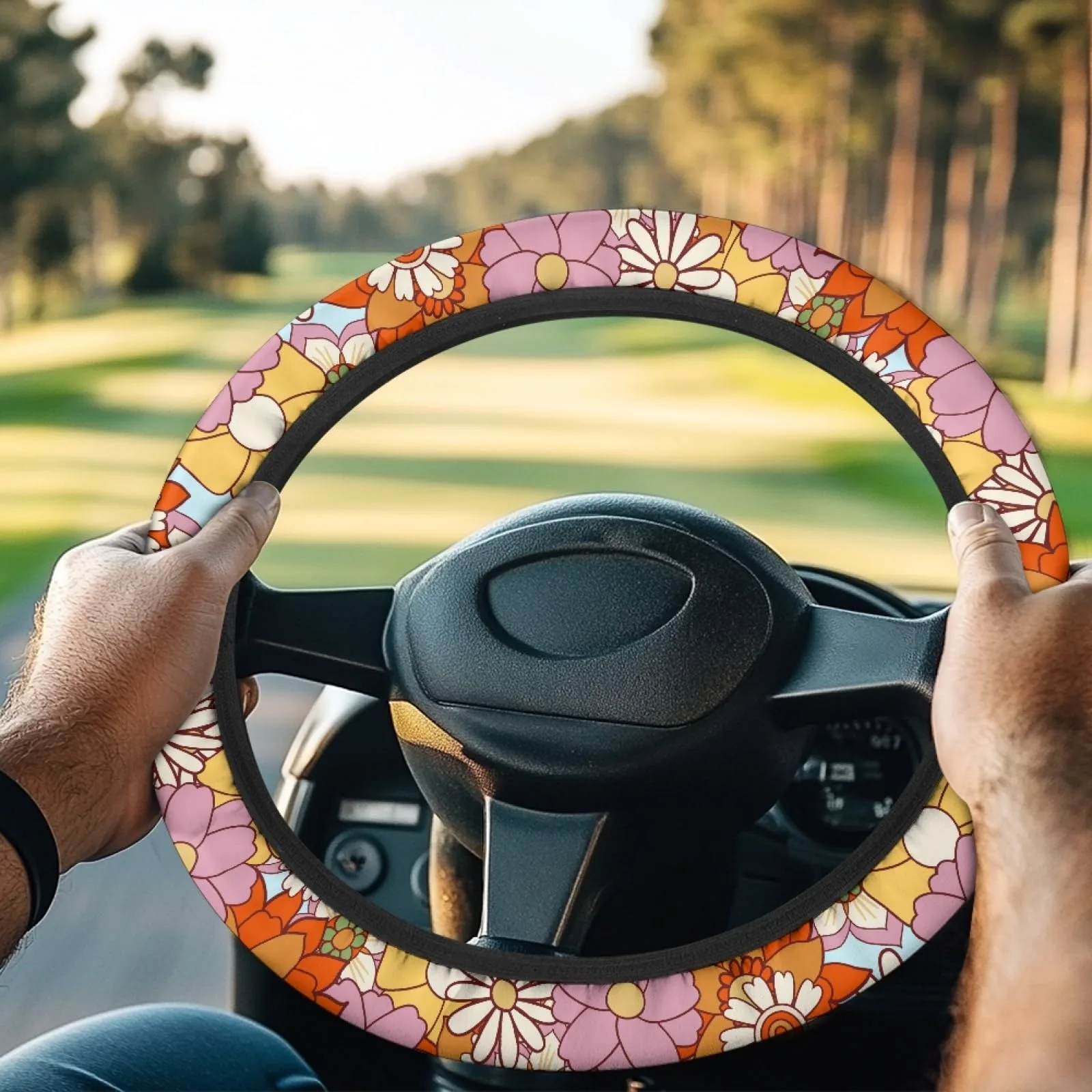 INSTANTARTS Orange Hippie Flower Golf Cart Steering Wheel Cover