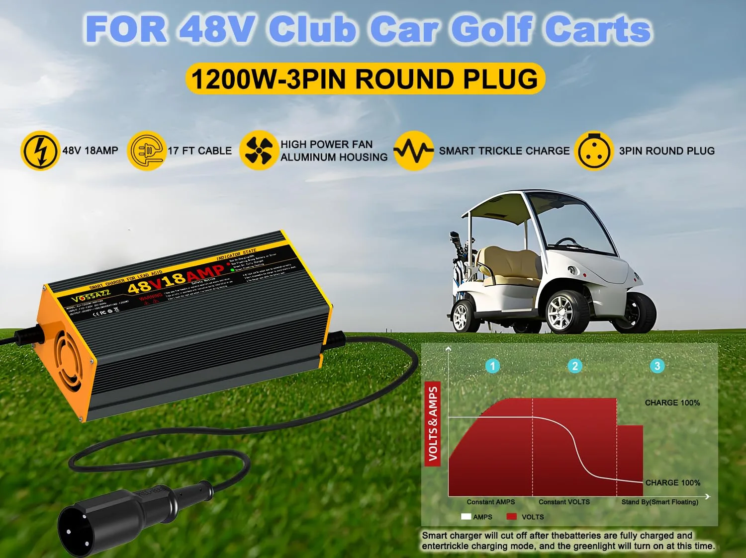 VOSSAZZ 48V 18A Charger for Club Car DS and Precedent image 2