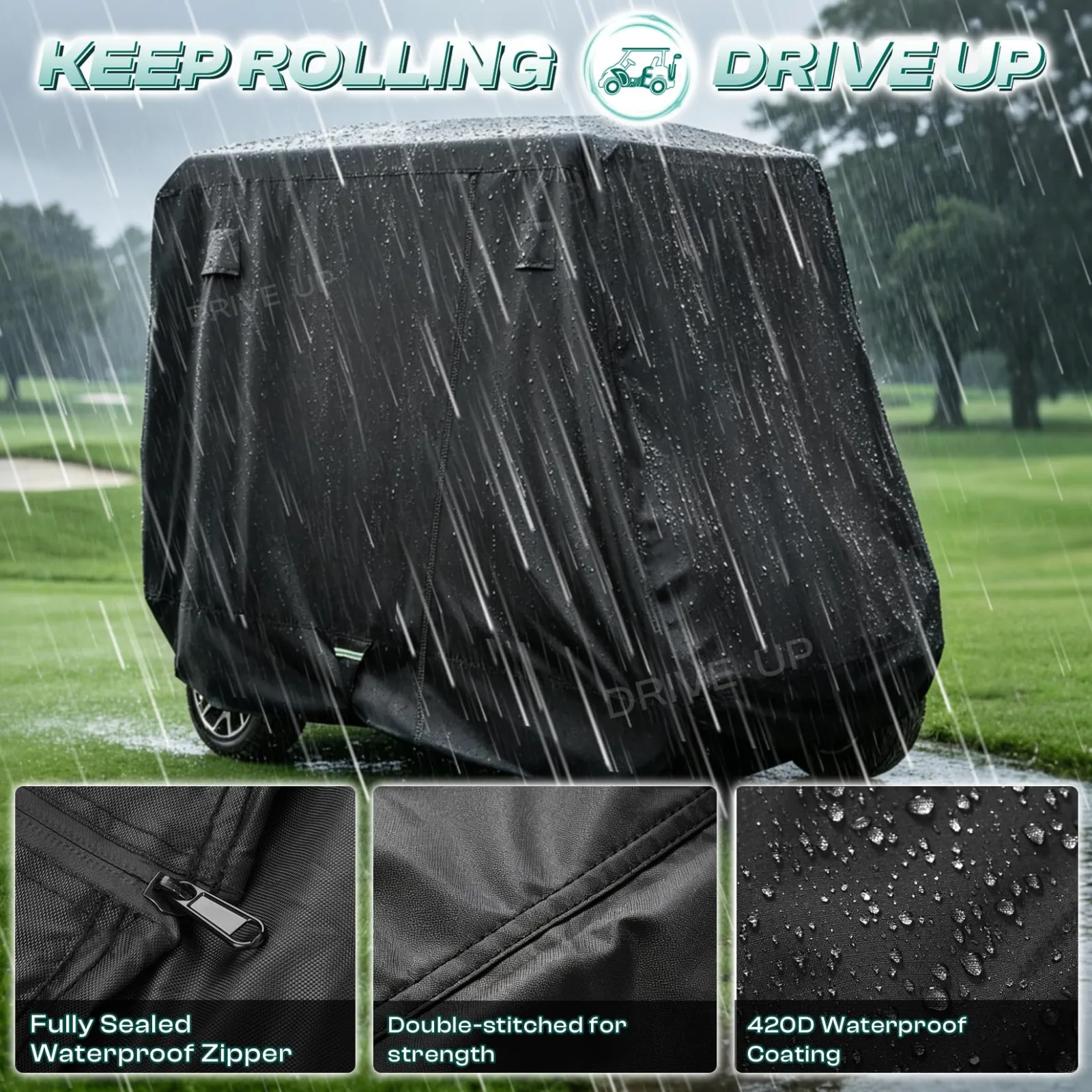 DRIVE UP 420D Waterproof Golf Cart Cover DU00298 — 4-Passenger (112" x 48" x 73") image 2