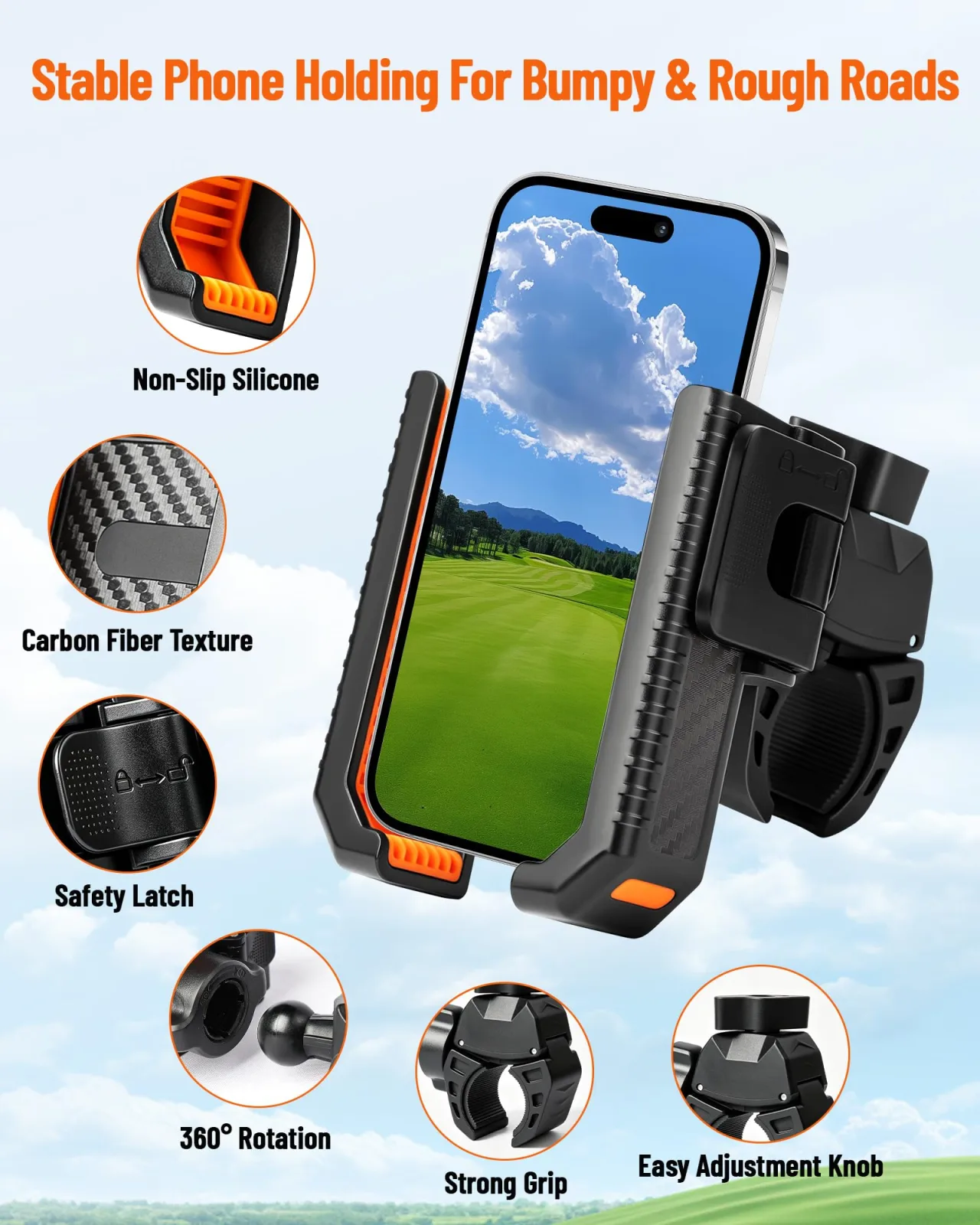 SirDone Golf Cart Phone Holder Mount GOIF-SJZJ-HS01 — 360° Clamp Mount image 2
