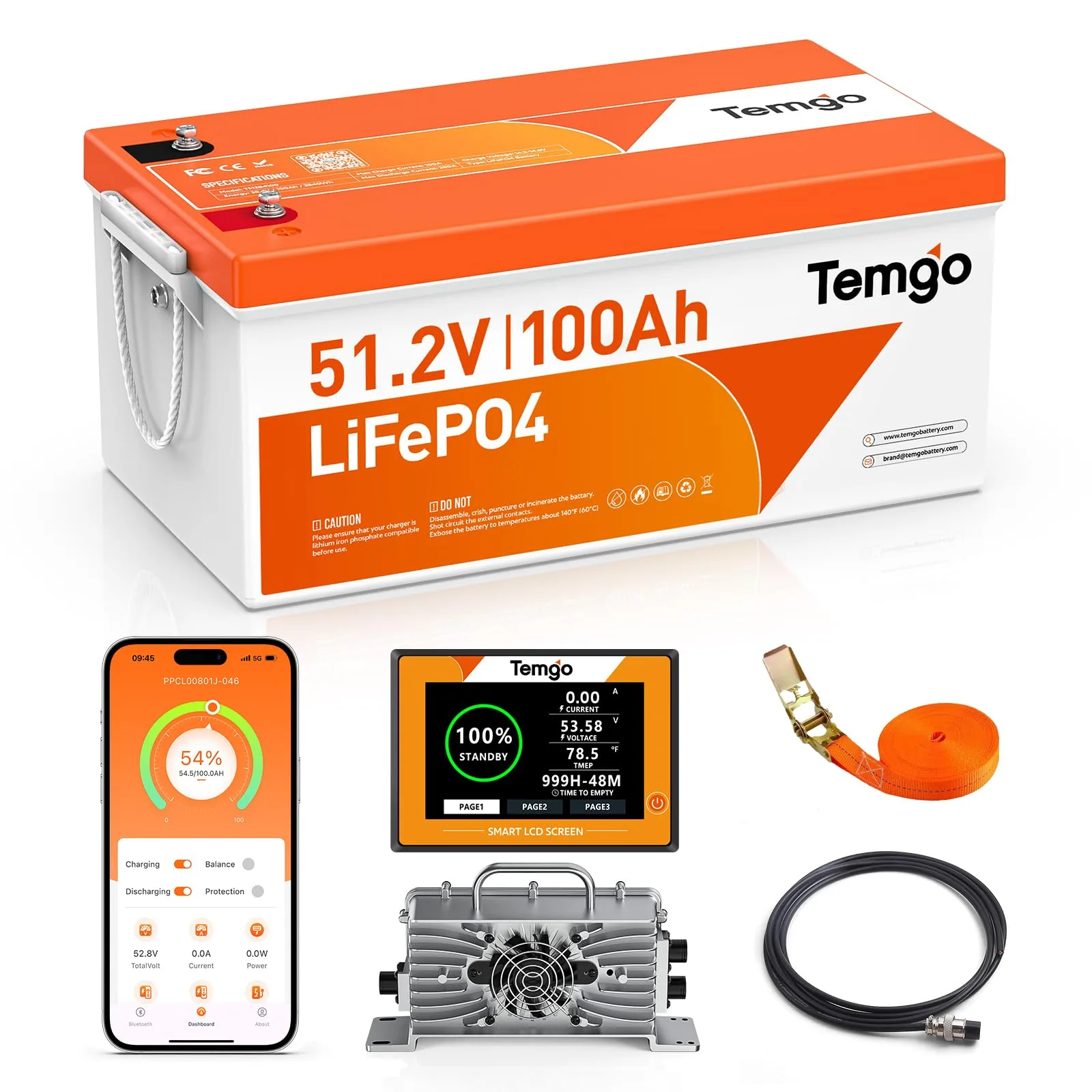 TEMGO 48V 100Ah LiFePO4 Golf Cart Battery Kit