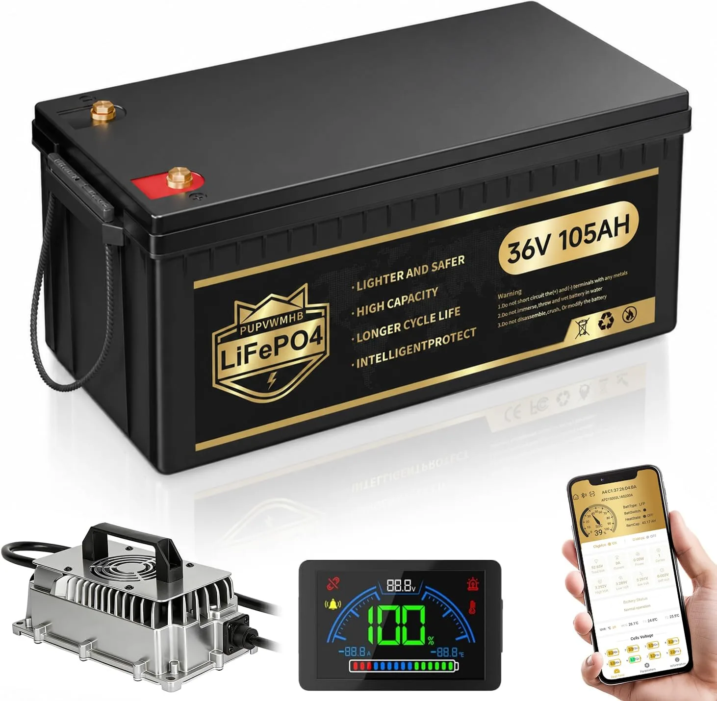 PUPVWMHB 36V 105Ah LiFePO4 Golf Cart Battery