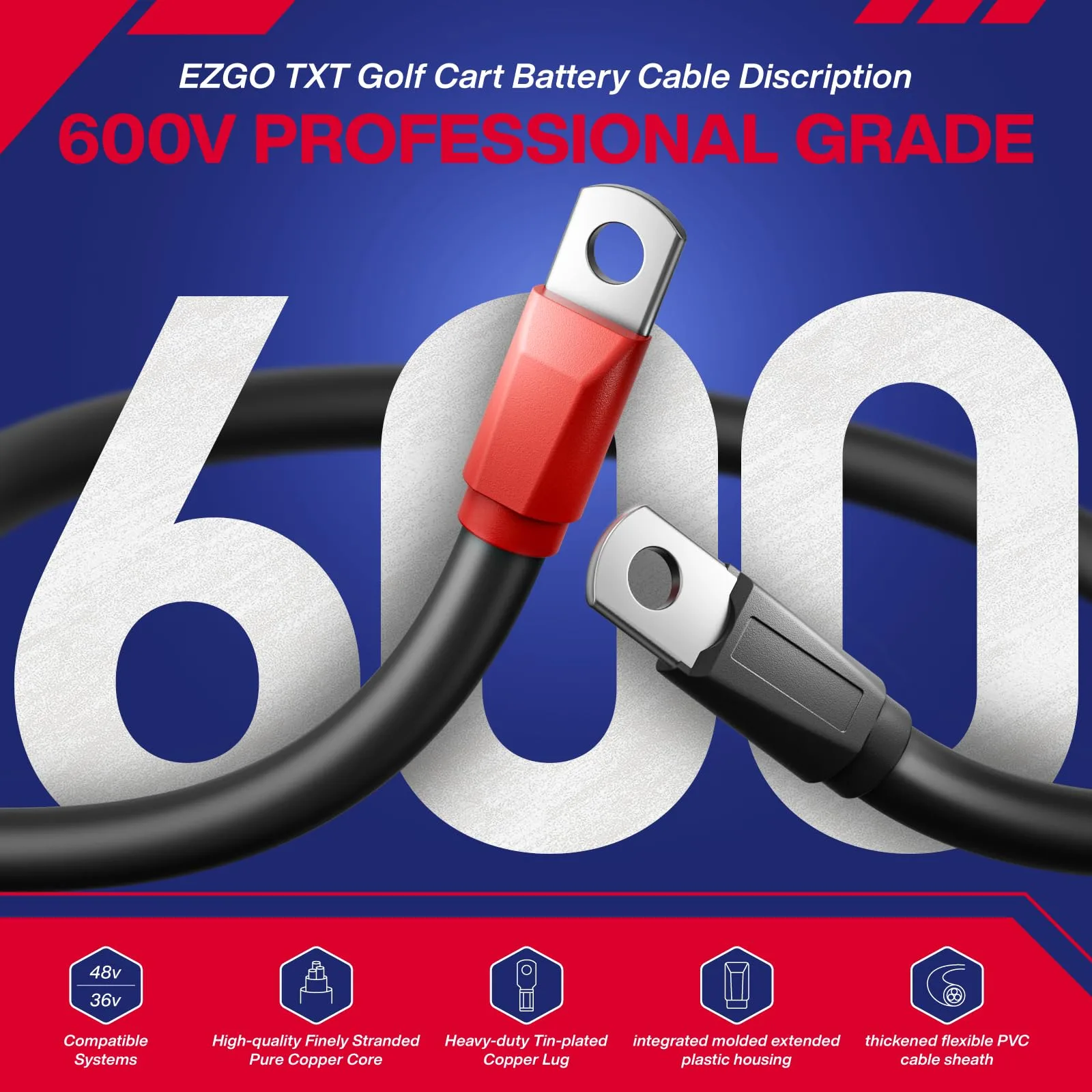 SUPGCPER E-Z-GO TXT Battery Cable Kit 4 AWG 5‑Piece (1994+) image 2