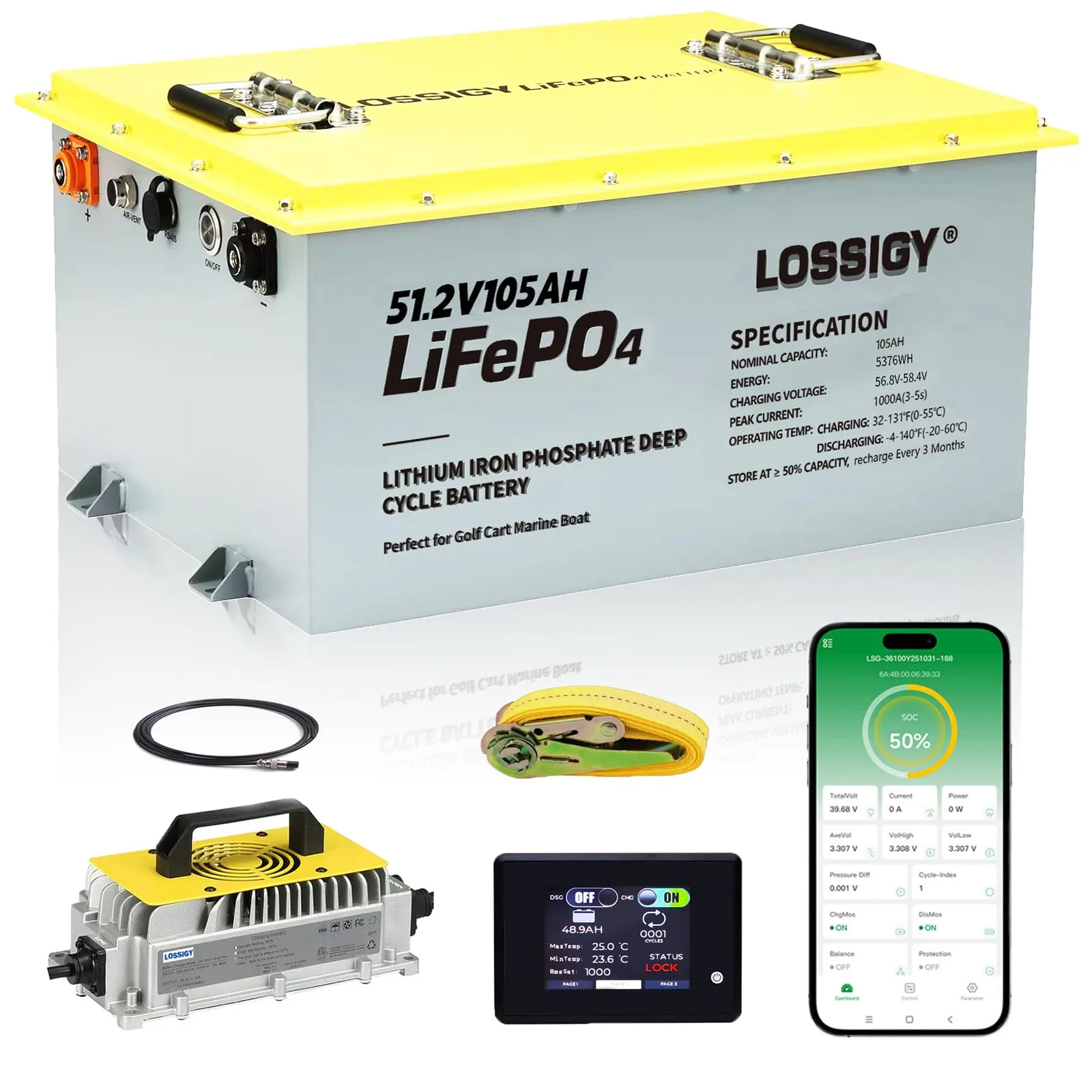 LOSSIGY 48V 105Ah LiFePO4 Golf Cart Battery Conversion Kit GC48105