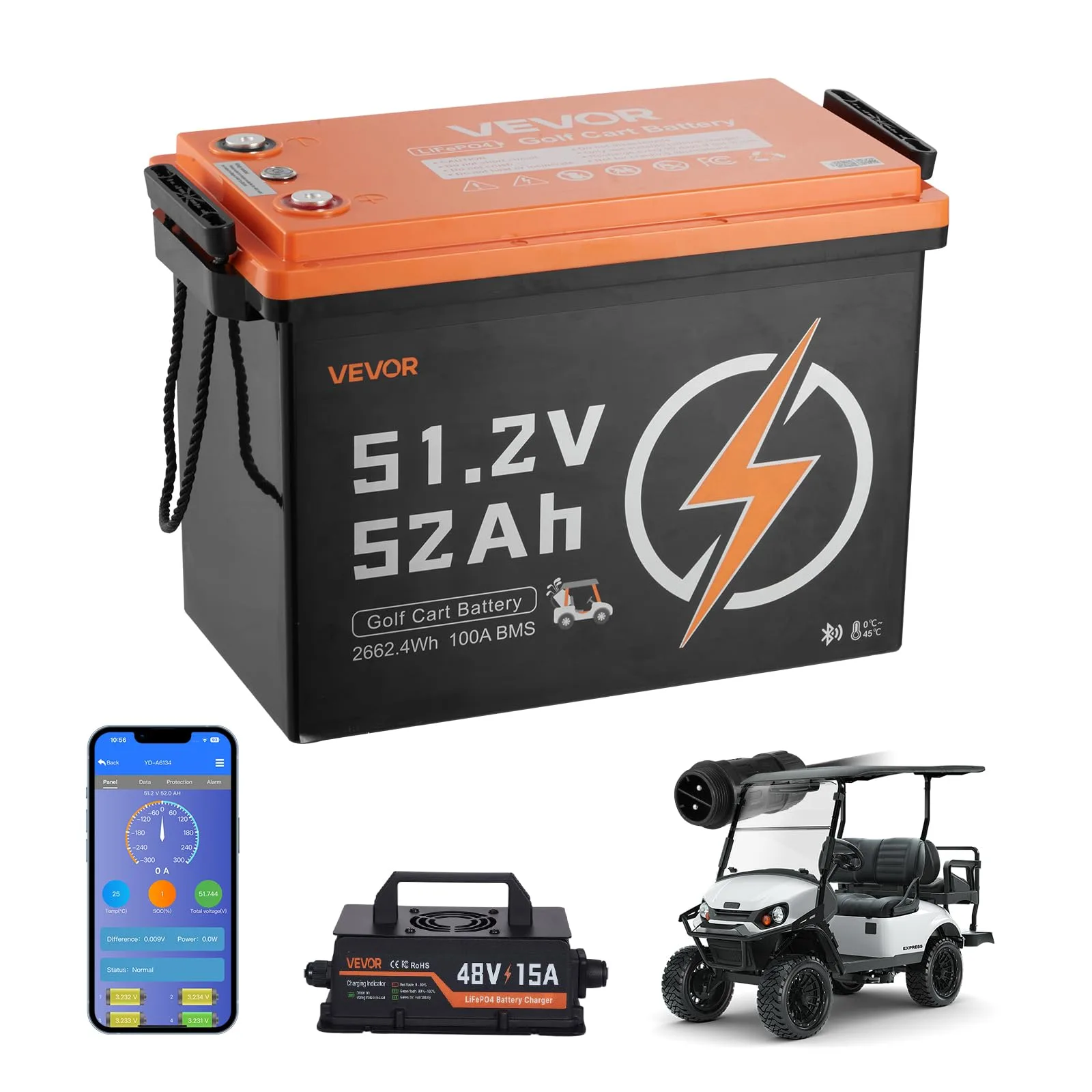 VEVOR 51.2V (48V) 52Ah LiFePO4 Golf Cart Battery with 15A Charger