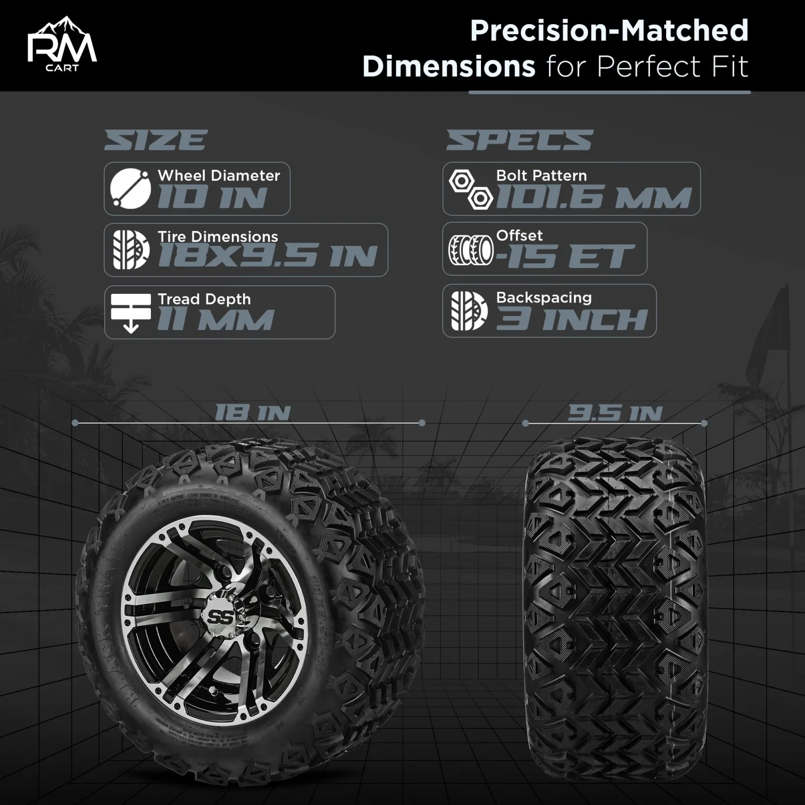 RM Cart 10" Yukon Black/Machined Wheels with 18x9.50-10 Trail Tires — 10061S513 image 4