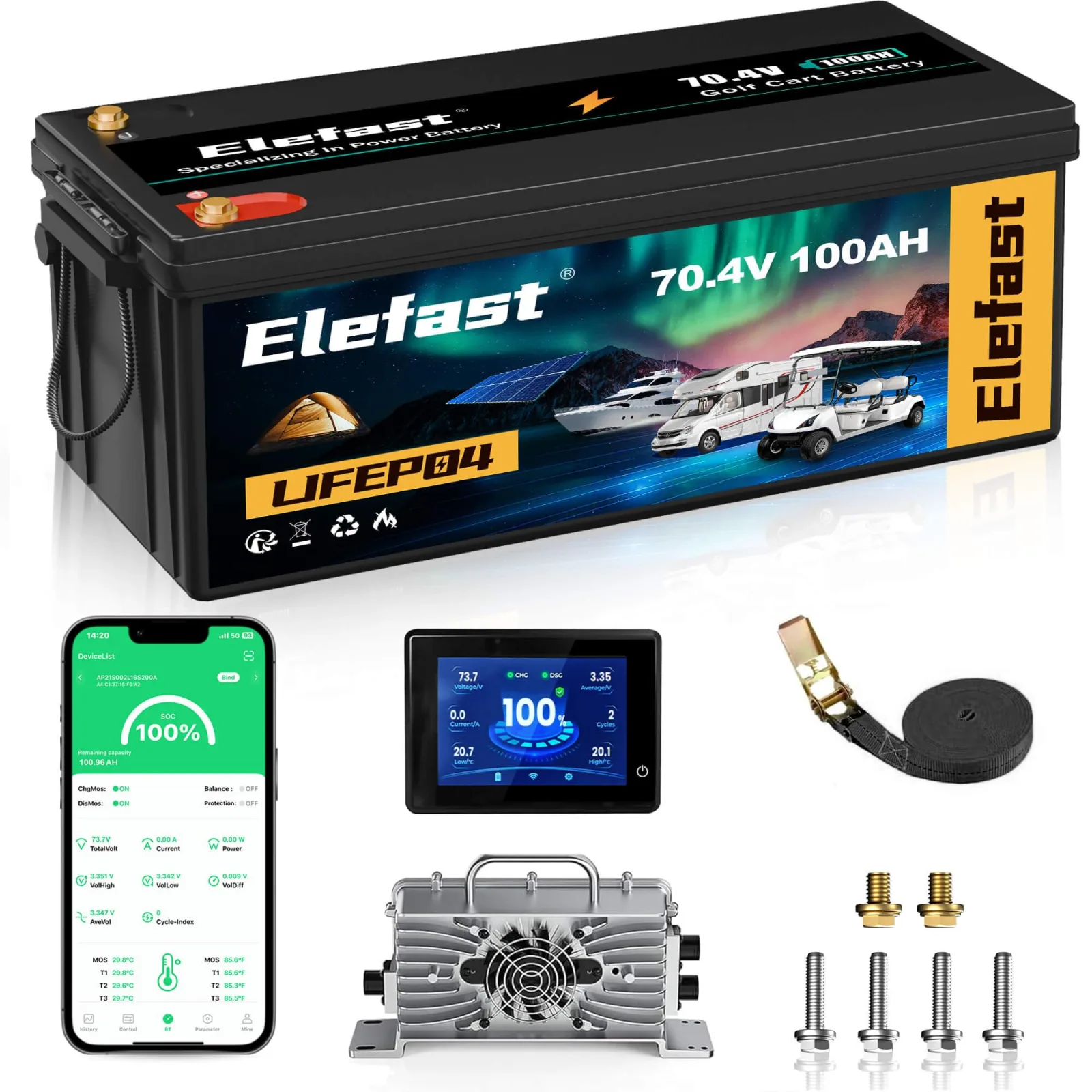 Elefast 72V 100Ah LiFePO4 Golf Cart Battery Kit
