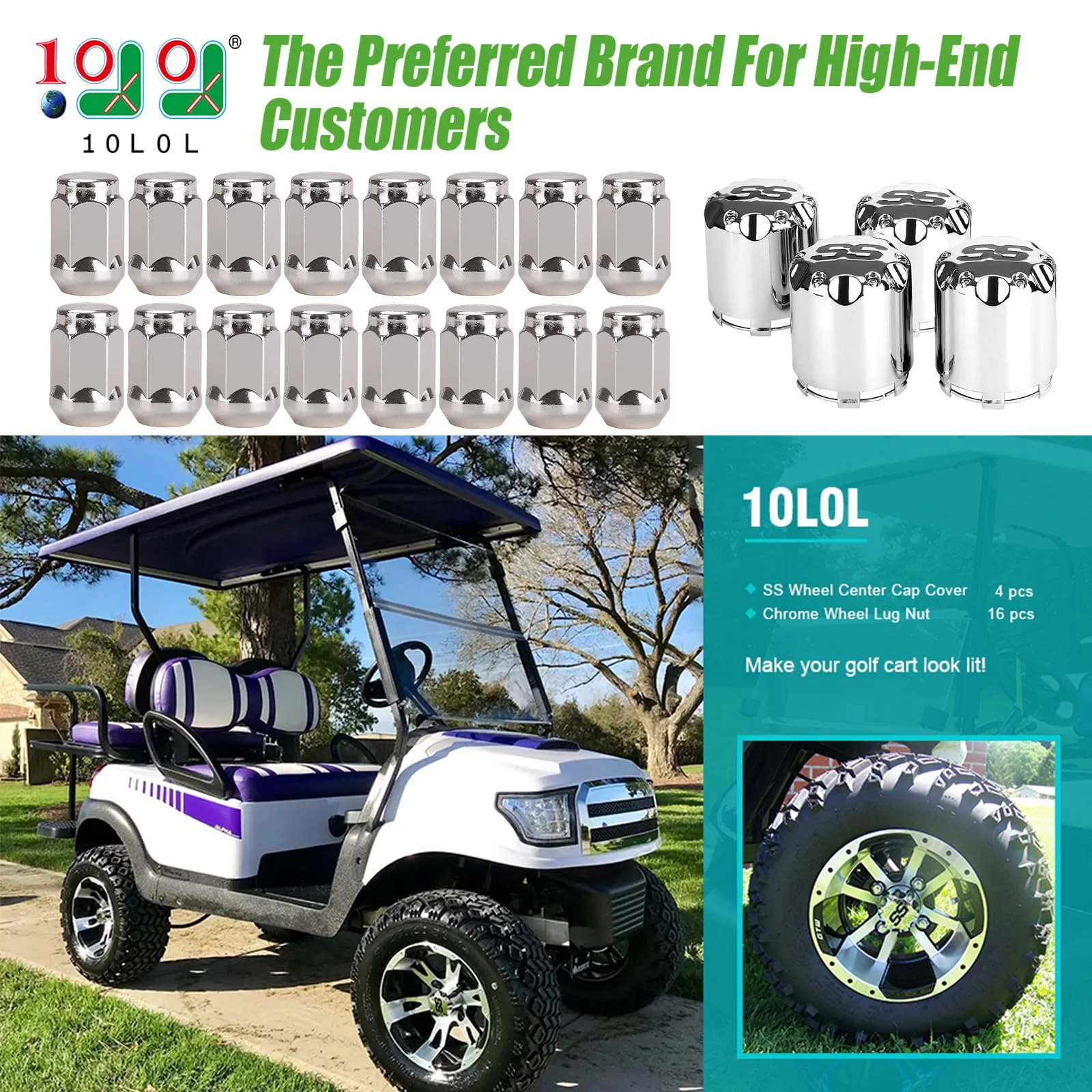 10L0L Golf Cart Chrome Center Caps and Lug Nuts Kit image 2