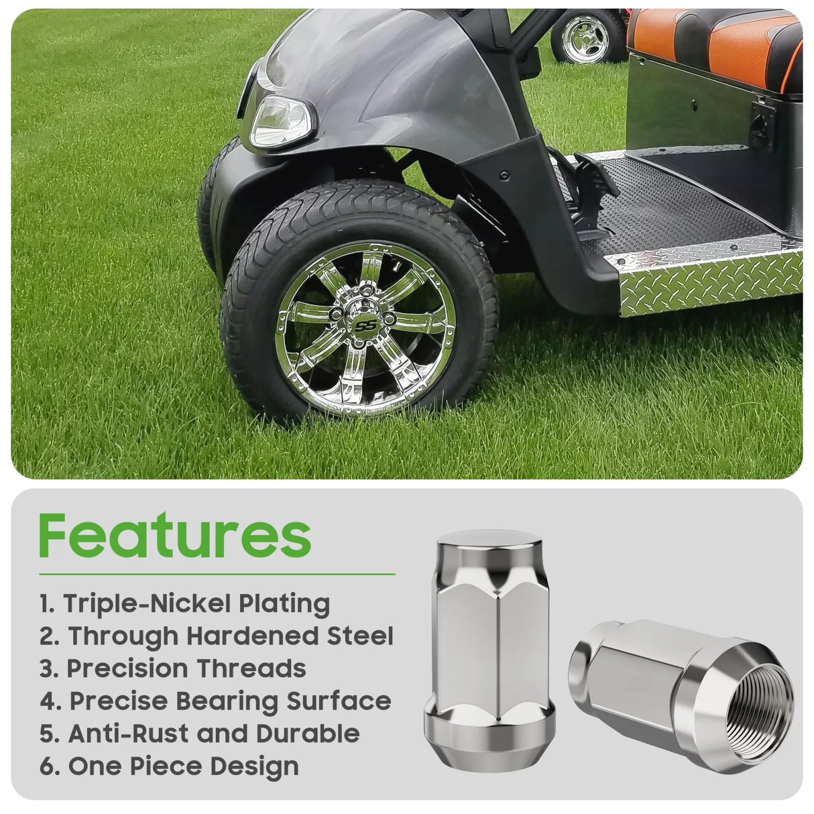 10L0L Golf Cart Chrome Center Caps and Lug Nuts Kit image 3