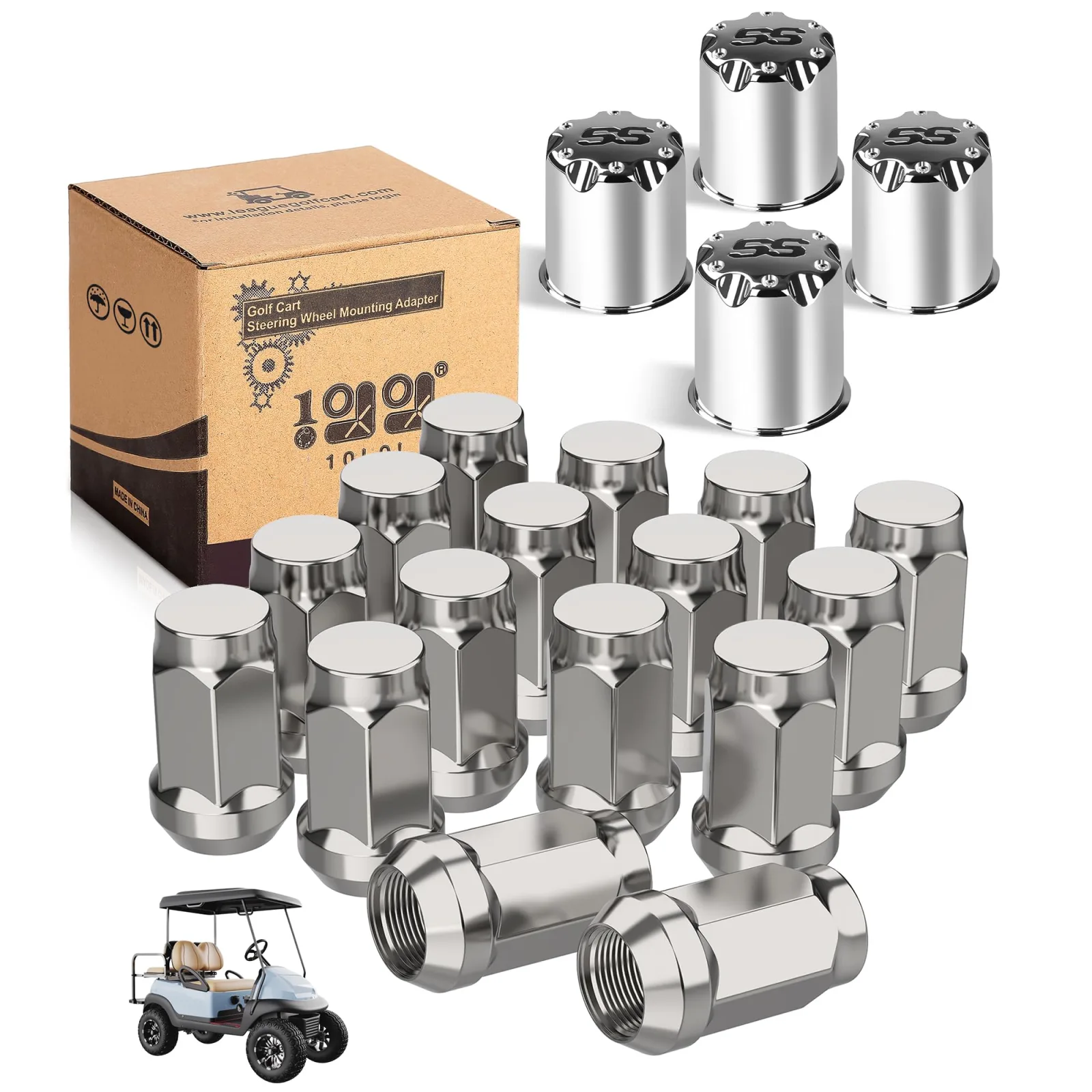 10L0L Golf Cart Chrome Center Caps and Lug Nuts Kit