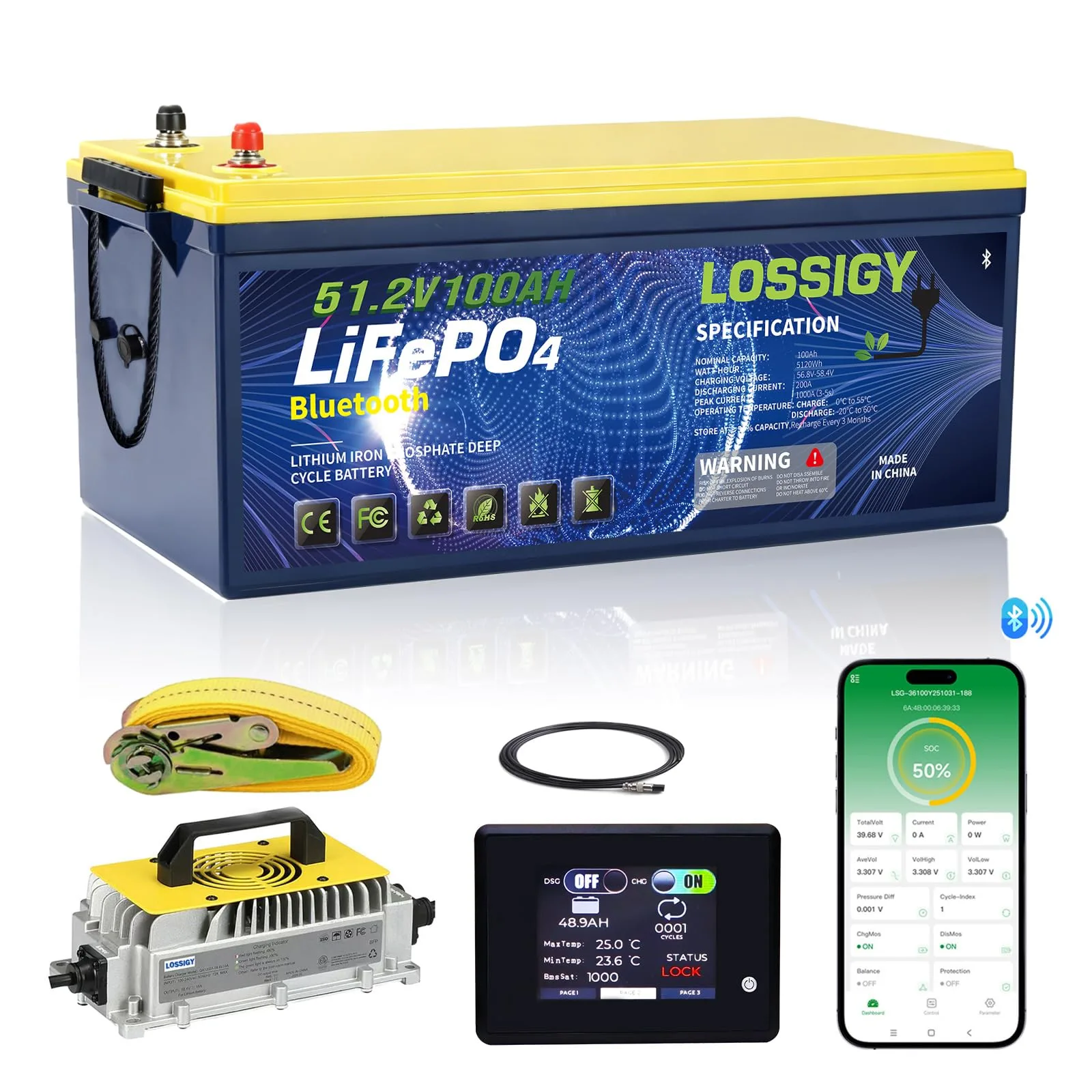 LOSSIGY 48V 100Ah Golf Cart Battery Kit with Charger