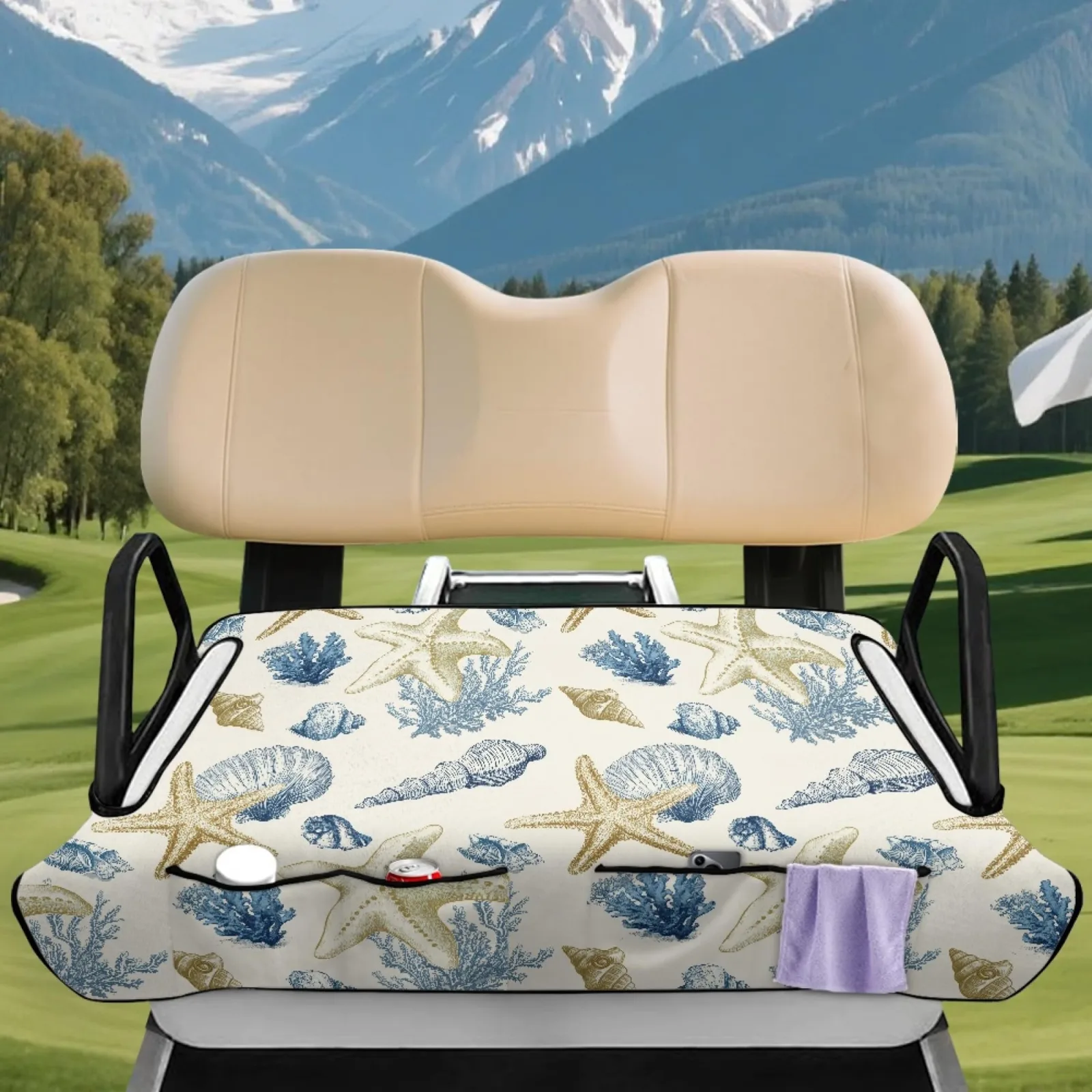 Generic Golf Cart Seat Cover with Pockets, Seashells Coral Starfish image 3