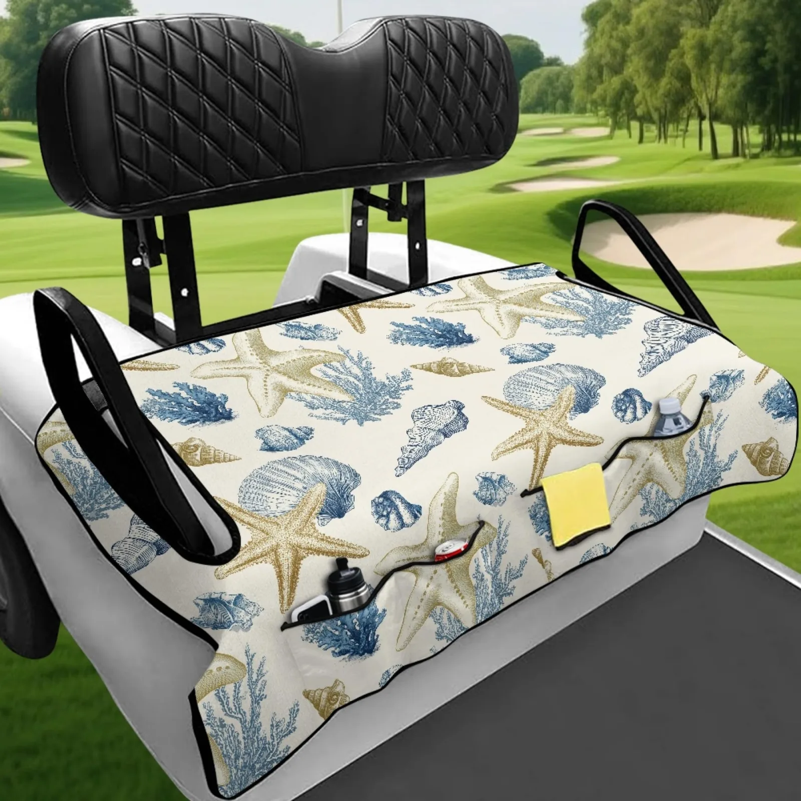 Generic Golf Cart Seat Cover with Pockets, Seashells Coral Starfish image 4