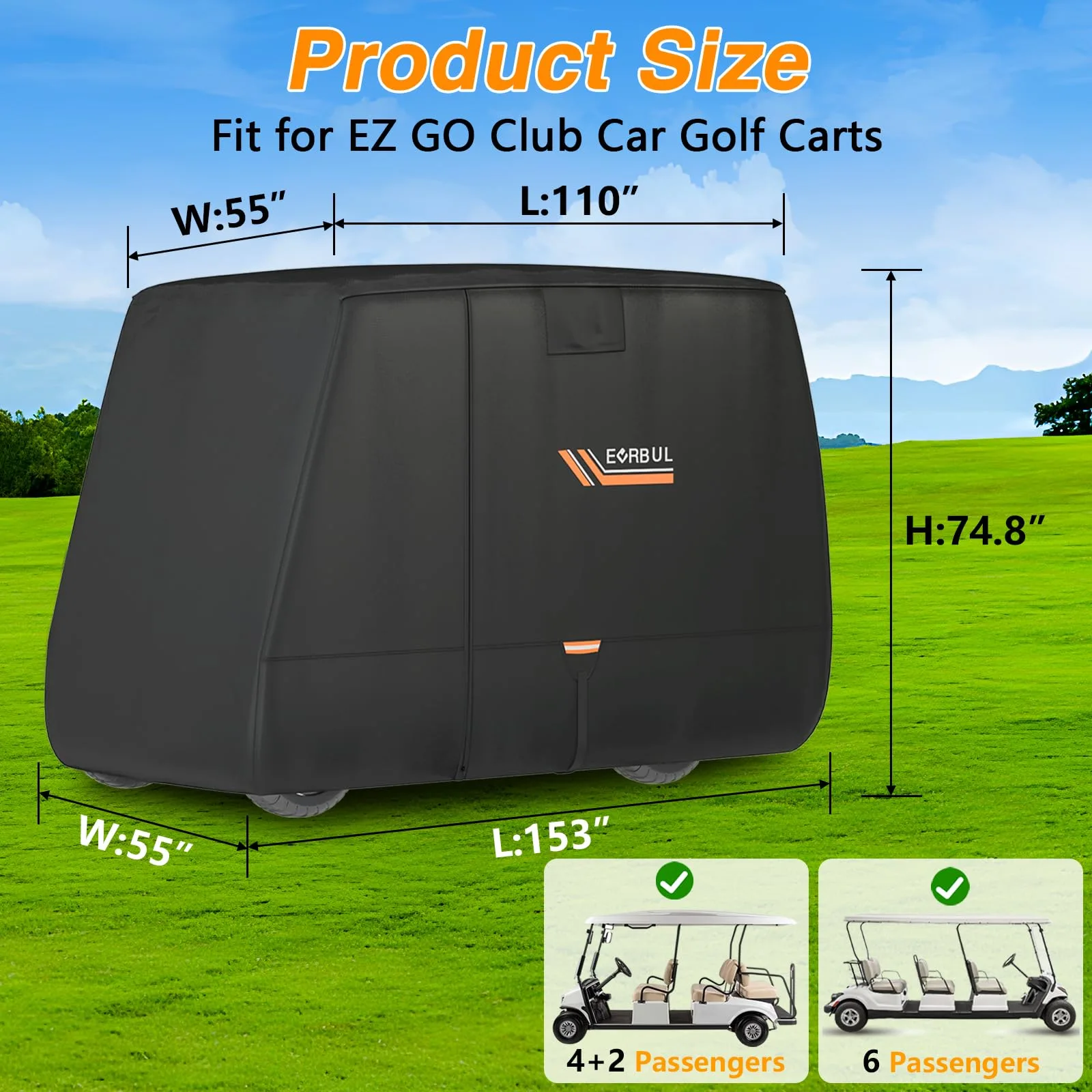 EVRBUL 420D Waterproof Golf Cart Cover 153x55x74.8 in — E-Z-GO / Club Car / Yamaha image 2