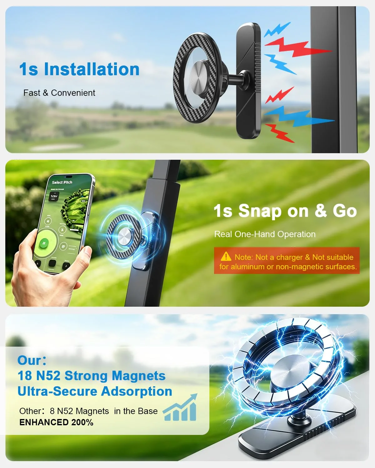 Xitalia GFH01 Magnetic Golf Cart Phone Holder — Aluminum, 360° image 2