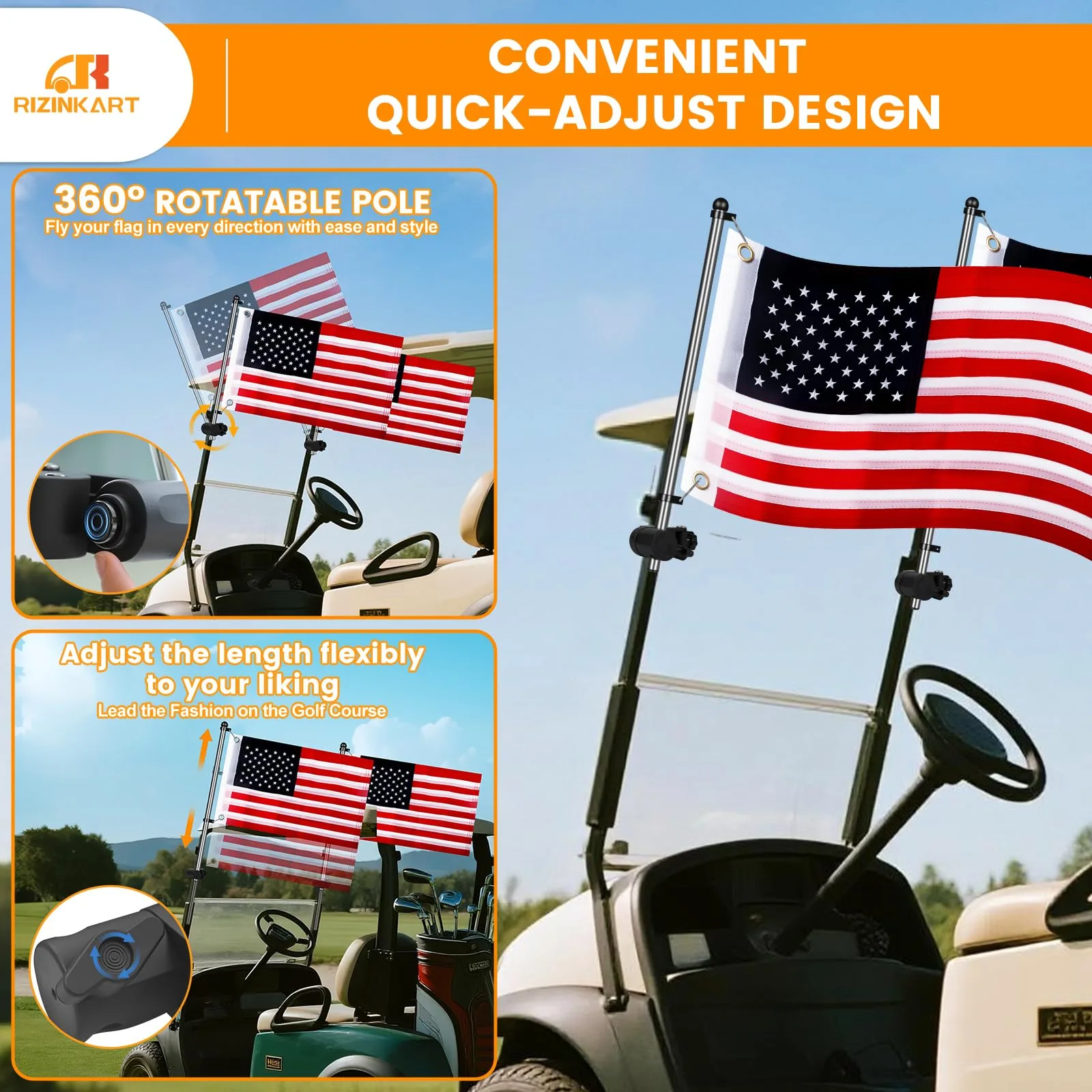RIZINKART Golf Cart Flag Pole Kit for Yamaha, E-Z-GO, Club Car image 2