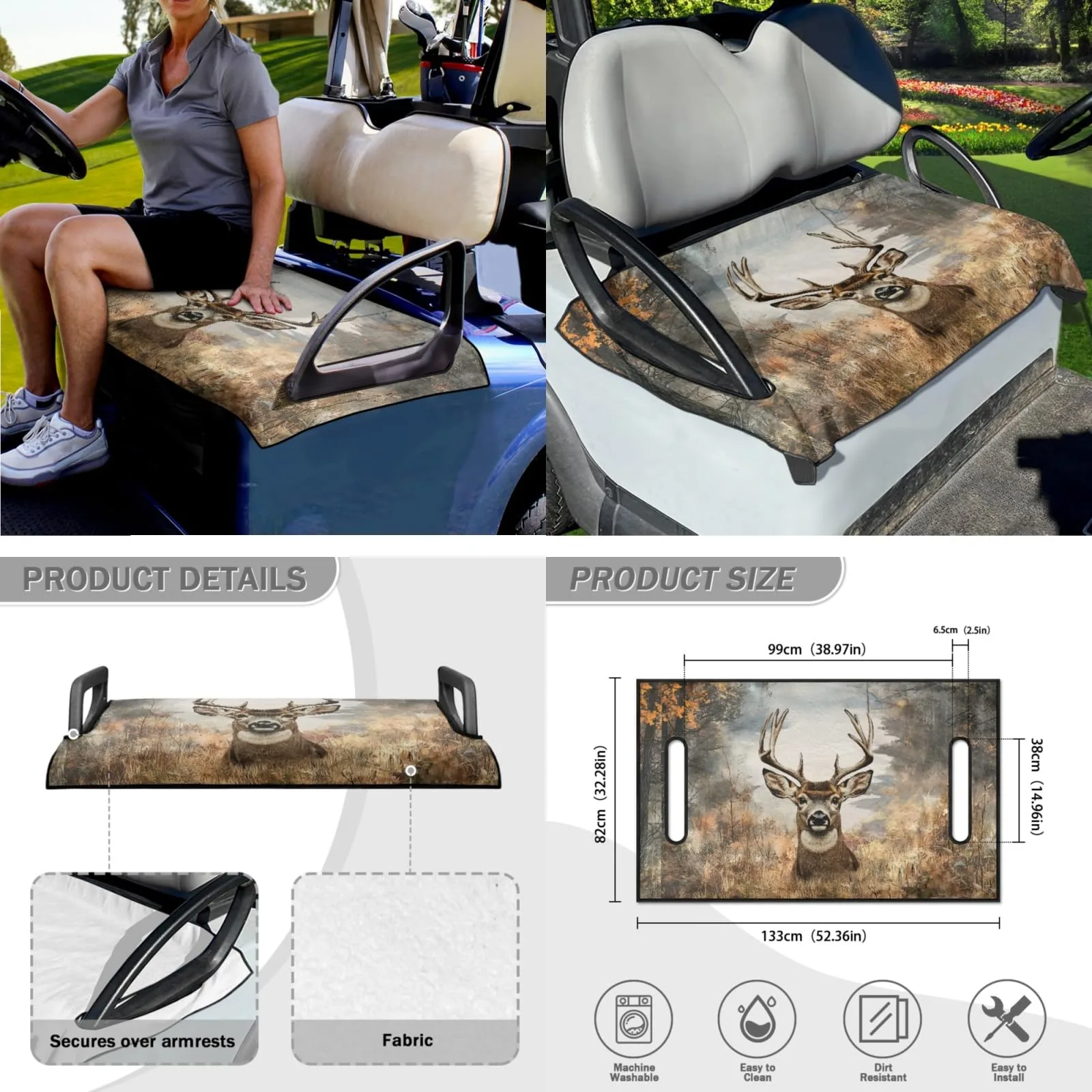 INSTANTARTS Forest Deer 4PC Golf Cart Seat Towel & 13–14in Steering Wheel Cover image 4