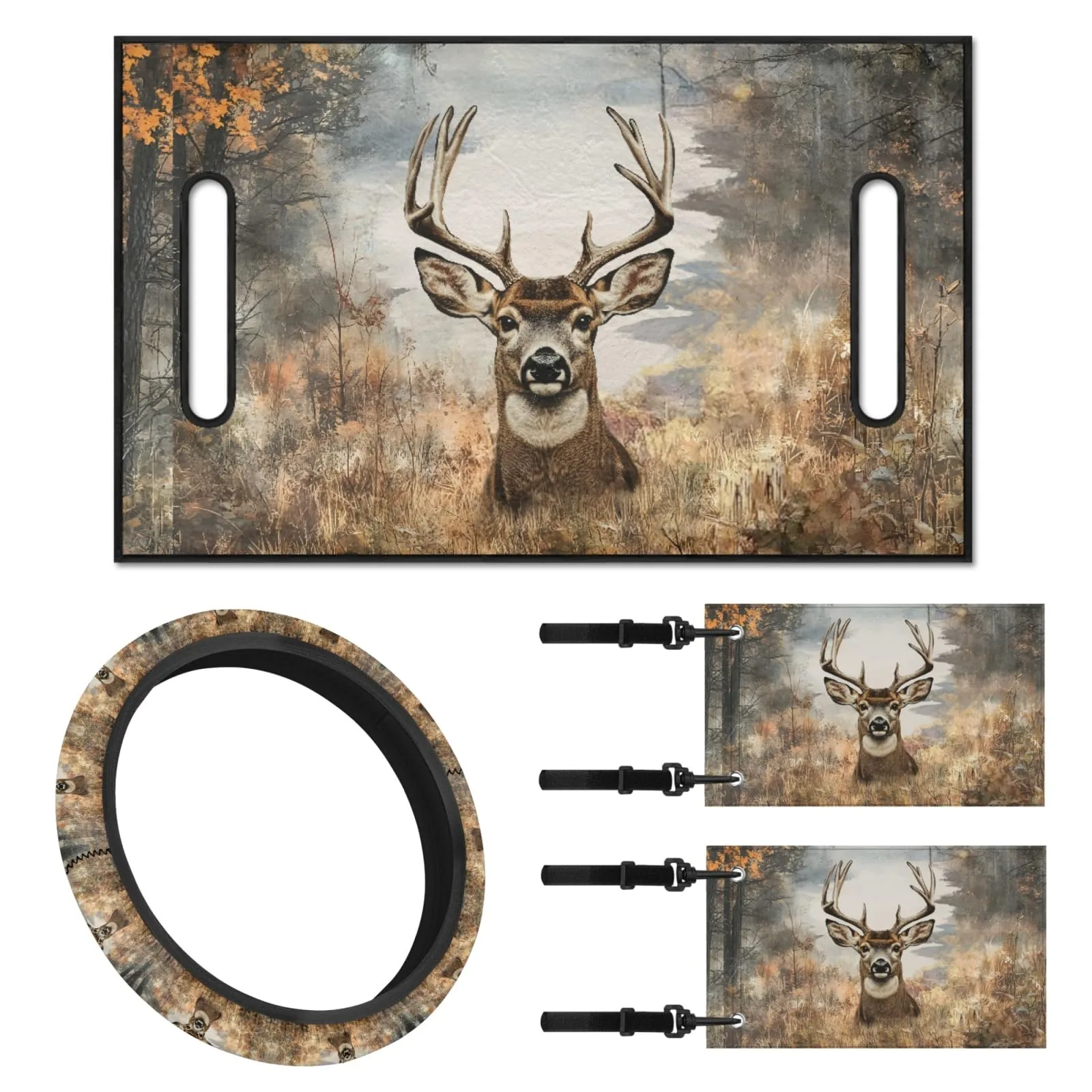 INSTANTARTS Forest Deer 4PC Golf Cart Seat Towel & 13–14in Steering Wheel Cover