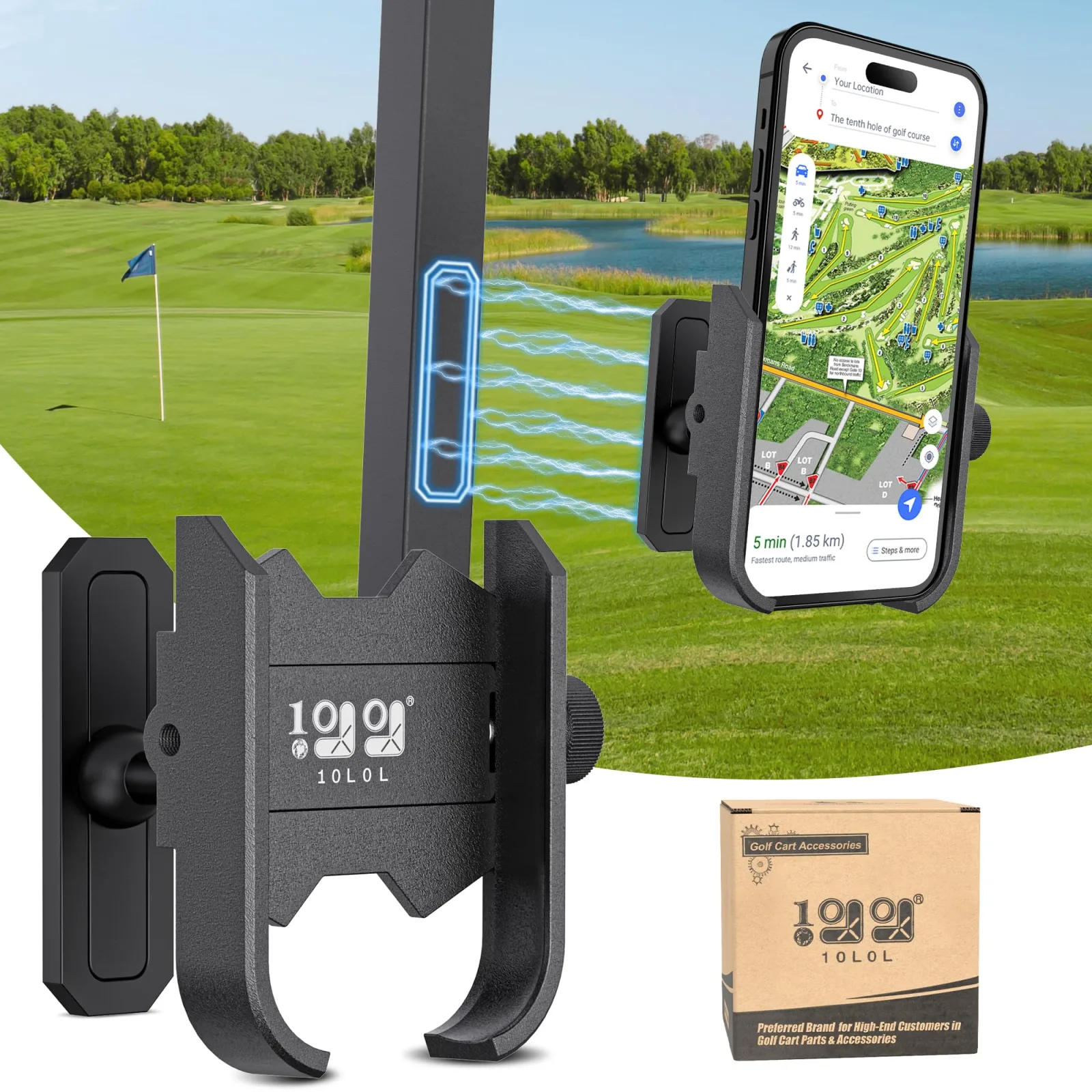 10L0L Universal Magnetic Golf Cart Phone Holder — Aluminum Rotating Mount