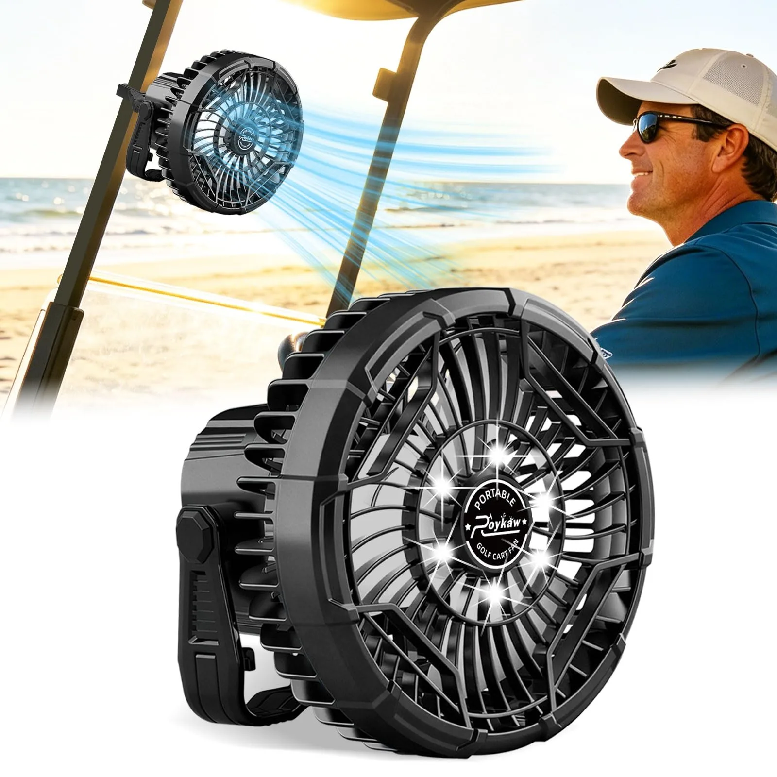 Roykaw Rechargeable Golf Cart Fan with LED Light