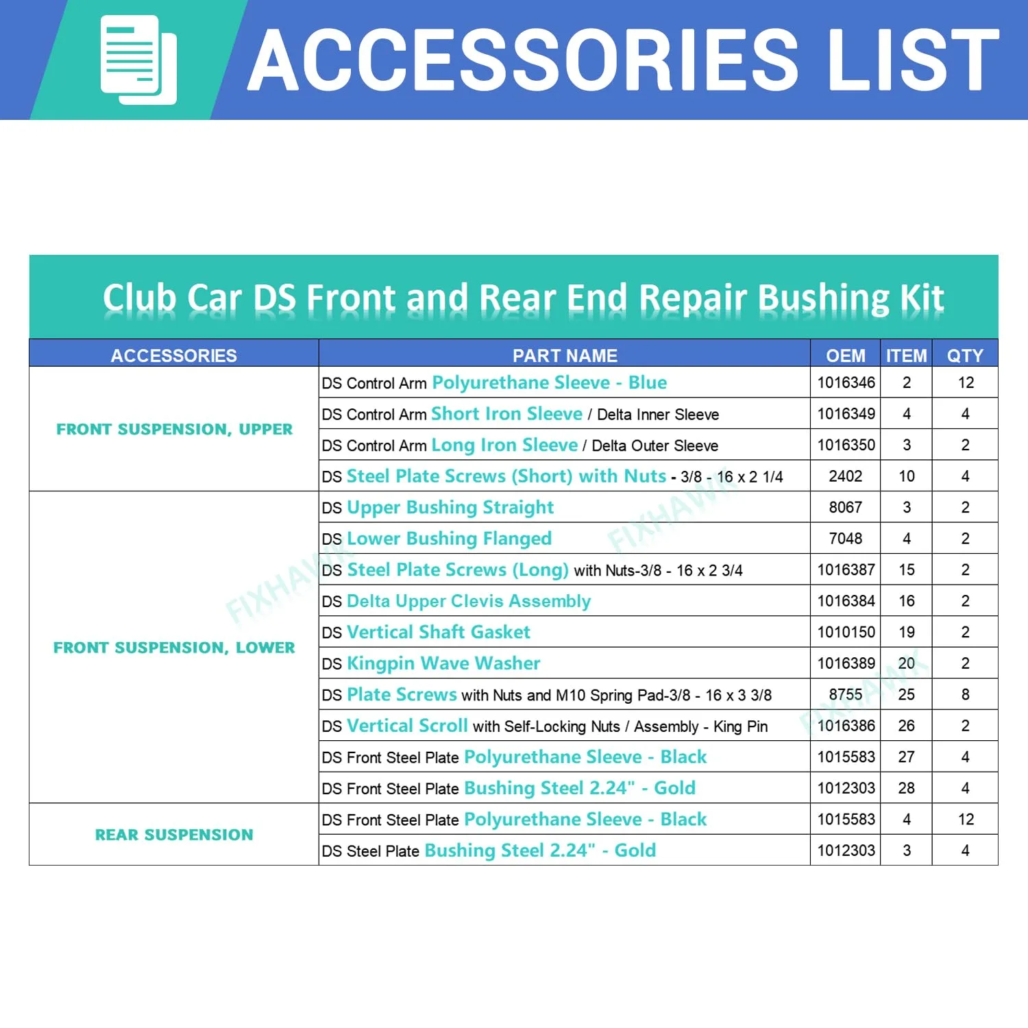 FIXHAWK FK-0003 Club Car DS Suspension Repair Kit image 4