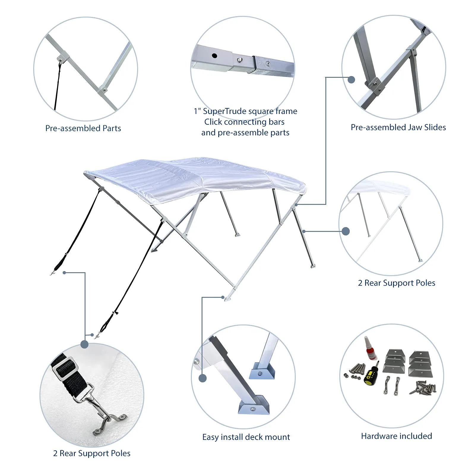 SavvyCraft 10ft 4-Bow Bimini Top — 54–103" Width, Black image 2