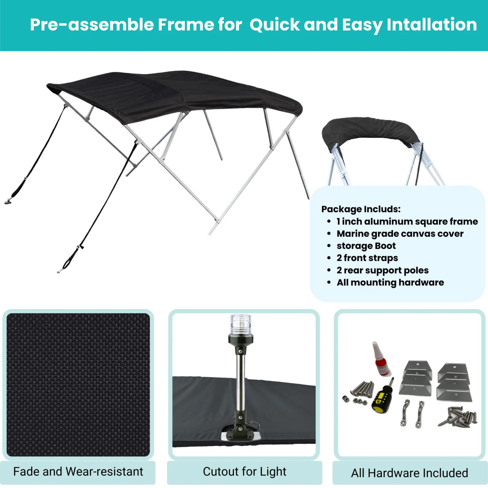 SavvyCraft 10ft 4-Bow Bimini Top — 54–103" Width, Black image 3