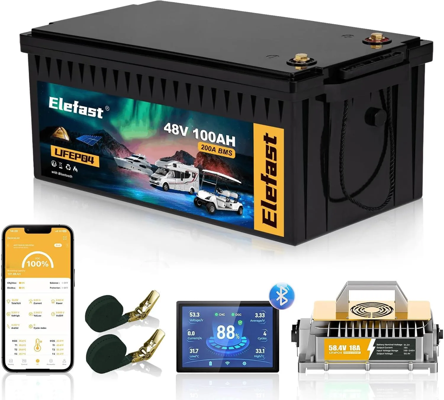 Elefast 48V 100Ah LiFePO4 Golf Cart Battery Kit w/ 200A BMS