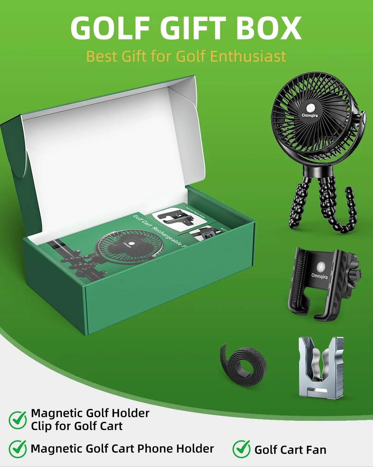 Omnqira 3-in-1 Golf Cart Accessories Gift Set — Fan, Magnetic Phone Mount, Clip image 2