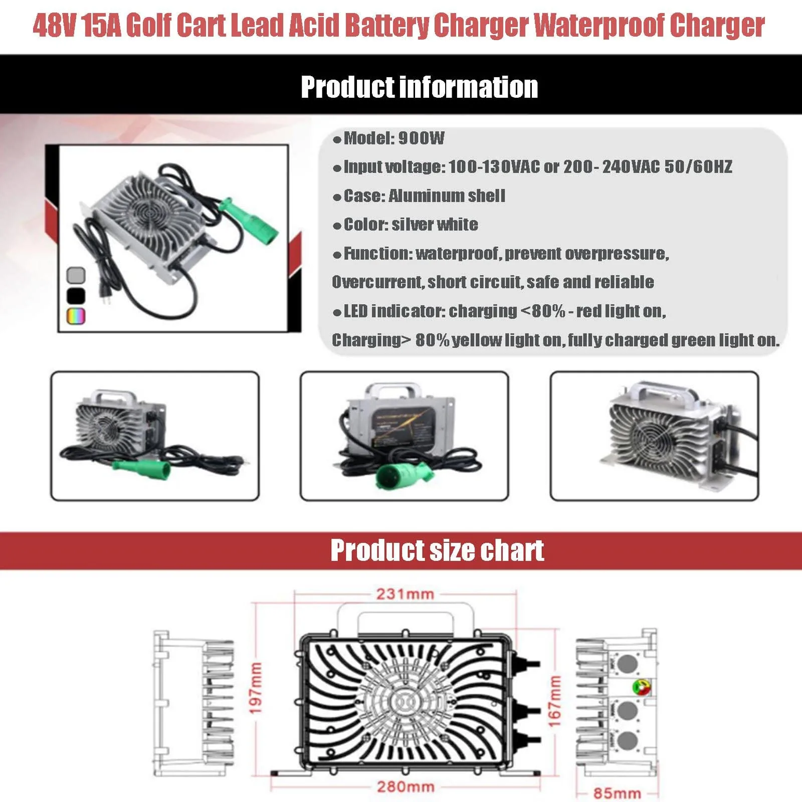 WYSWDJ 48V 15A Lead-Acid Golf Cart Battery Charger with 3-Pin Plug image 2