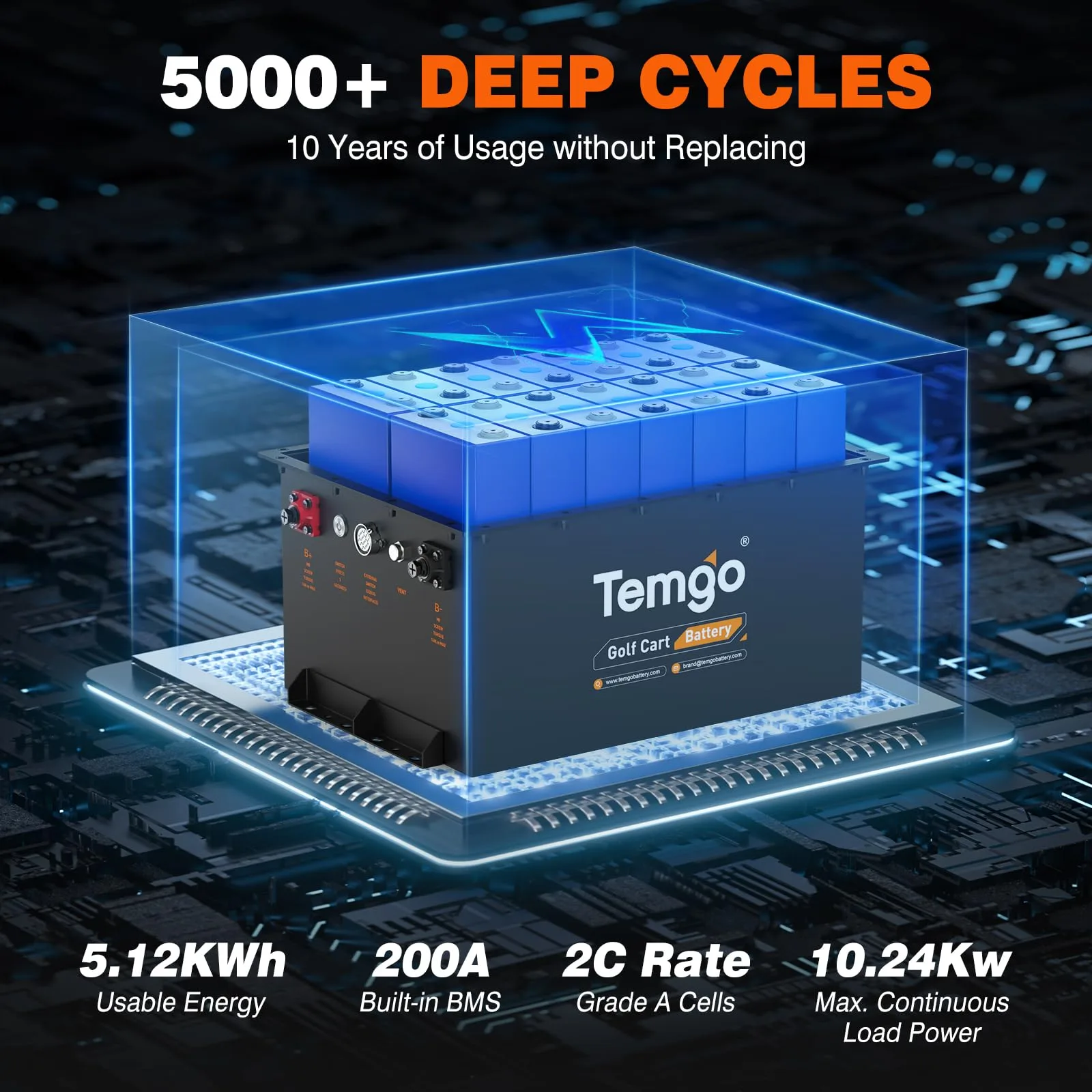 TEMGO 48V (51.2V) 100Ah LiFePO4 Golf Cart Battery TM-48100-M image 3