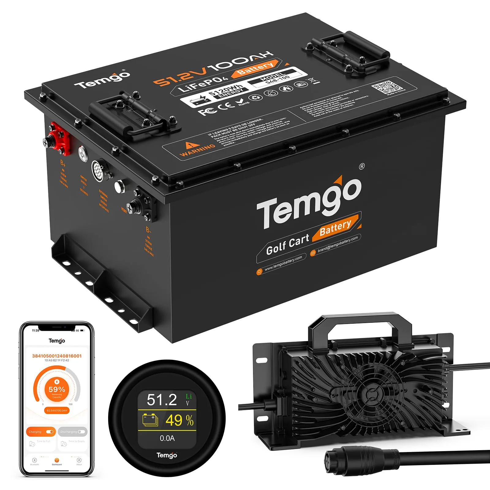 TEMGO 48V (51.2V) 100Ah LiFePO4 Golf Cart Battery TM-48100-M