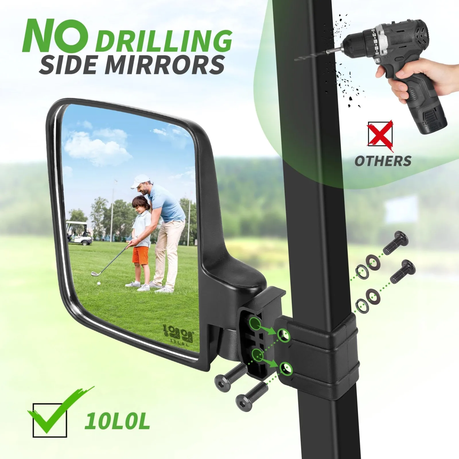 10L0L 00028-D No-Drill Golf Cart Side Mirrors image 3