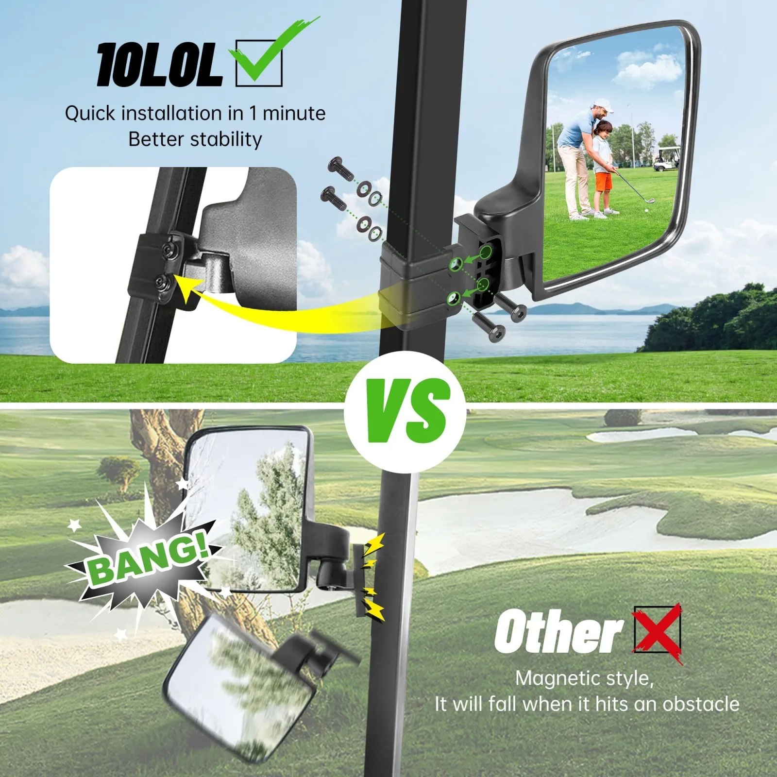 10L0L 00028-D No-Drill Golf Cart Side Mirrors image 4