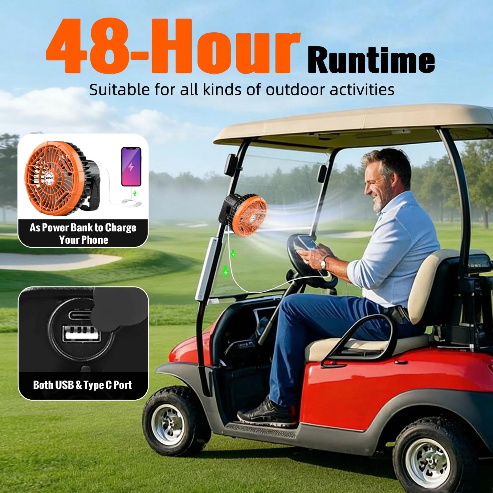AIPSET AP0597N 7" Rechargeable Golf Cart Fan with LED Lantern image 2