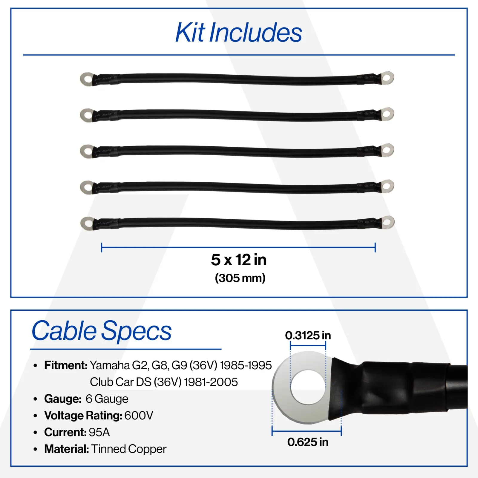 Reliance 6-Gauge 12" Battery Cable Kit, 17-342-YAM, for Yamaha G2/G8/G9 36V image 2