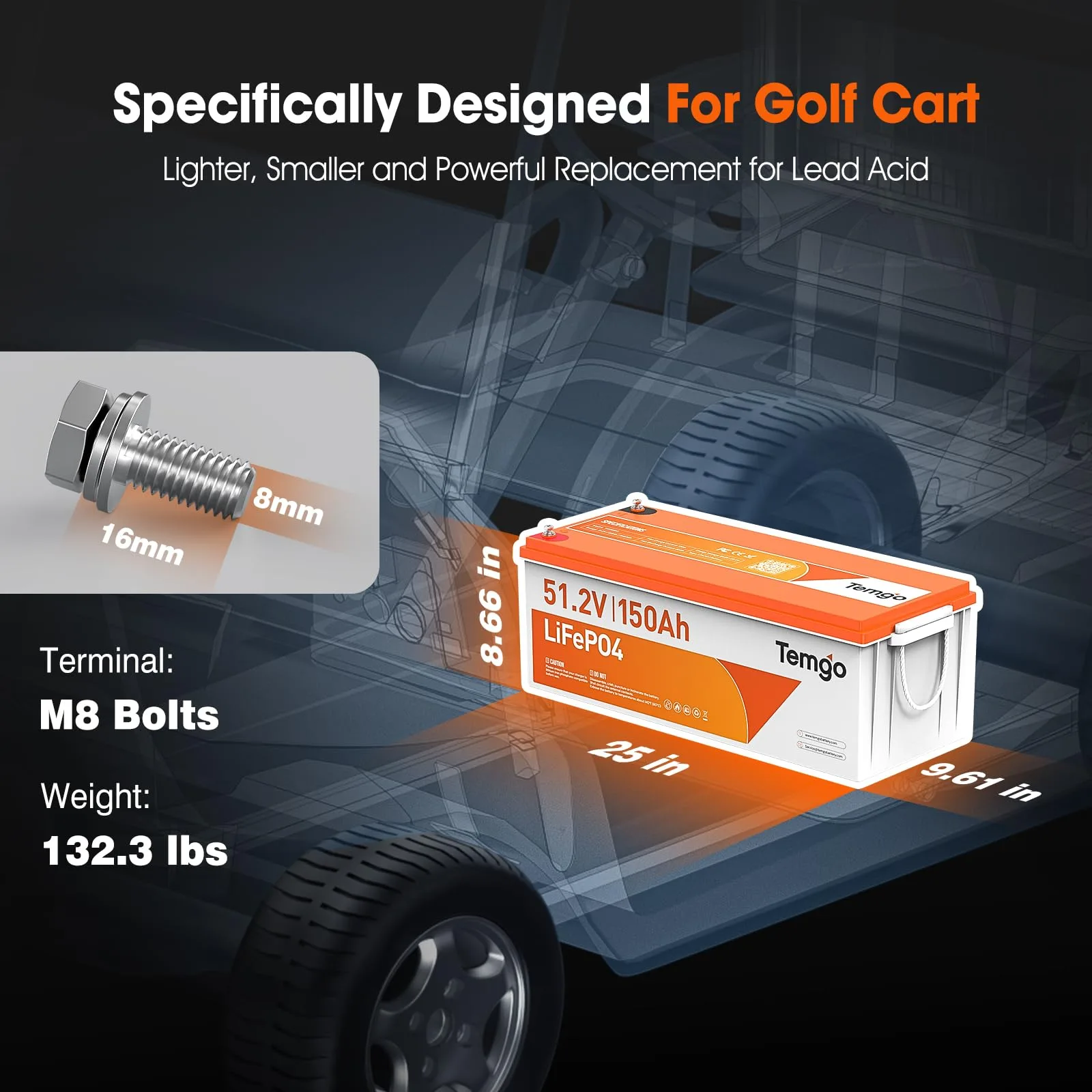 TEMGO 51.2V 150Ah LiFePO4 Golf Cart Battery image 2